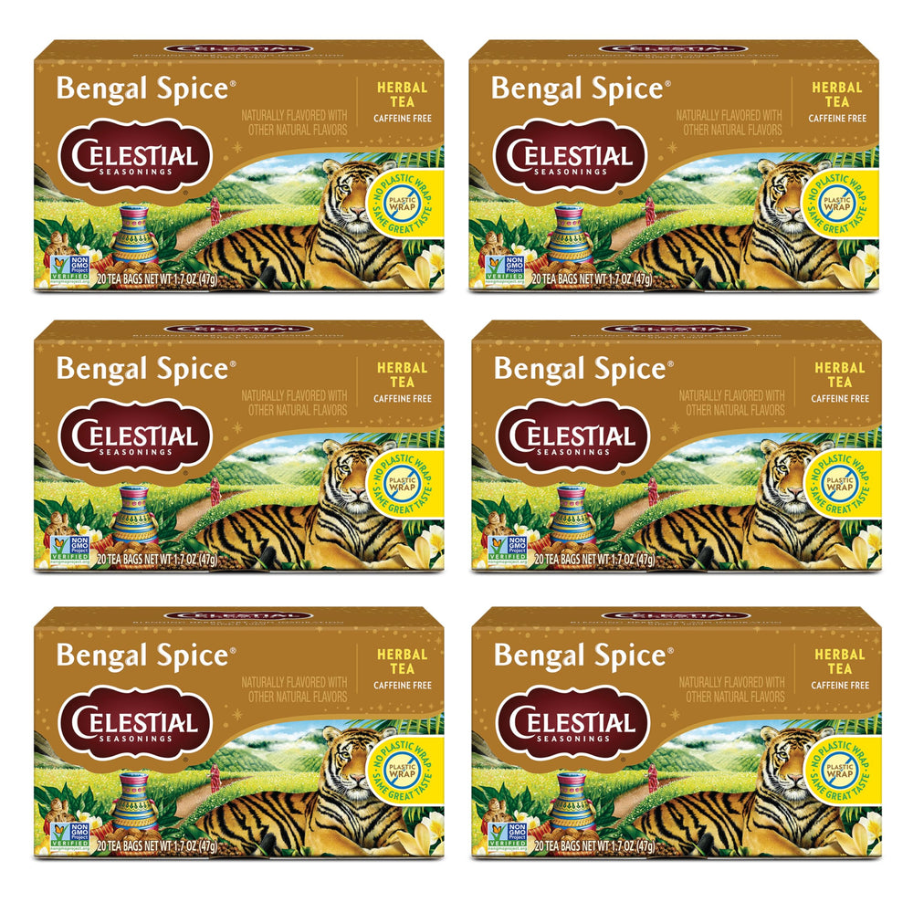 Celestial Seasonings Bengal Spice tea bags offer a caffeine-free chai-inspired brewing experience.