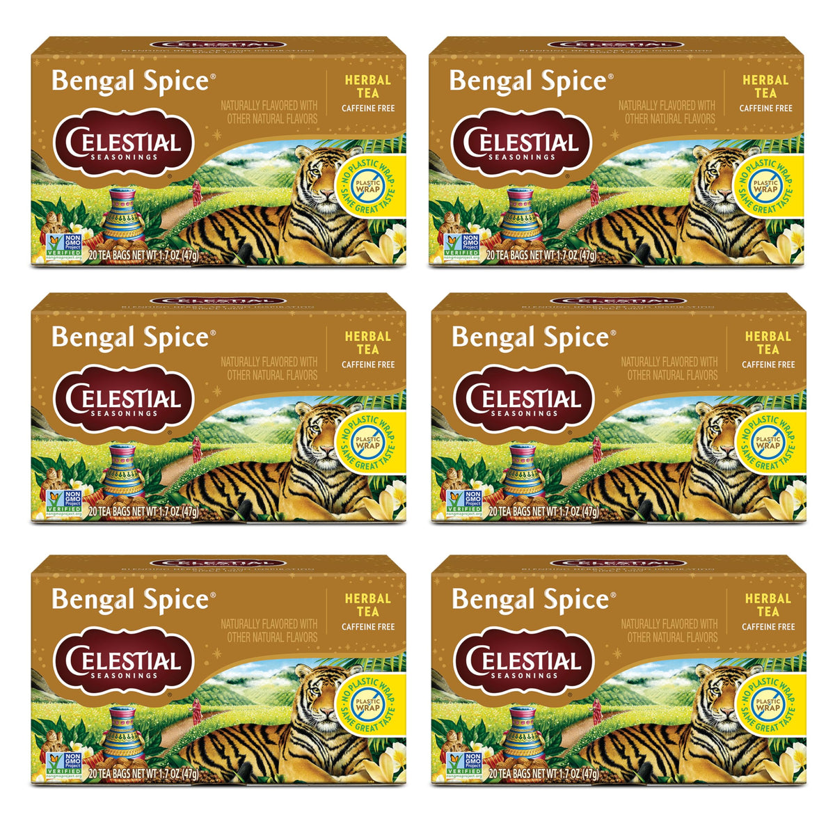 Celestial Seasonings Bengal Spice tea bags offer a caffeine-free chai-inspired brewing experience.