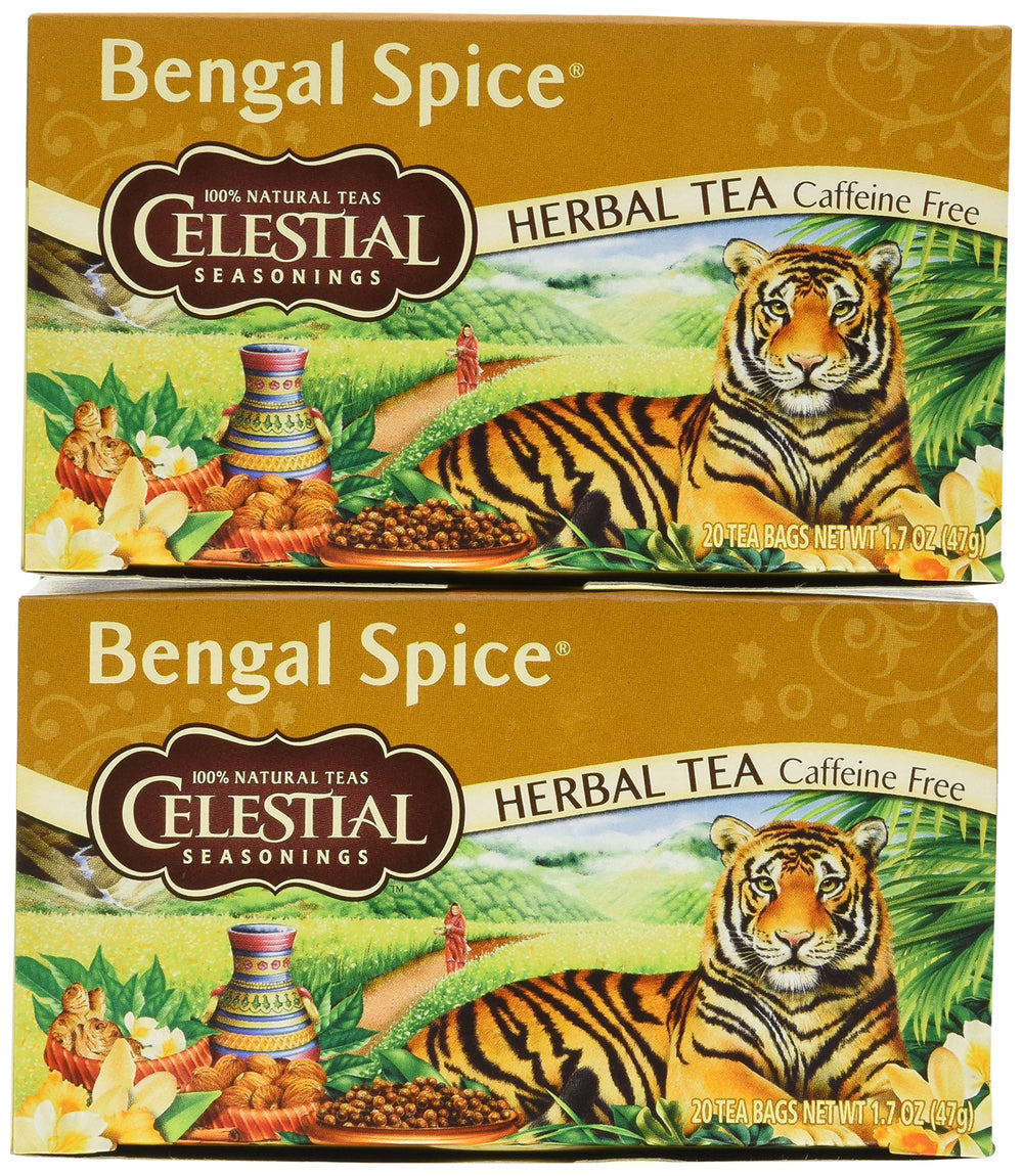 Celestial Seasonings Bengal Spice Tea packaging highlights caffeine-free, natural blend
