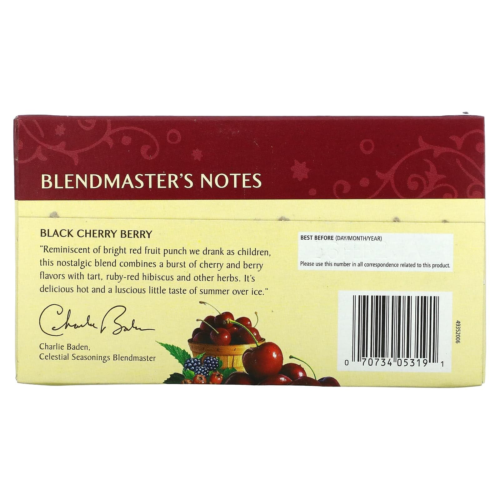 Kosher-certified Celestial Seasonings Black Cherry Berry tea for trusted dietary standards.