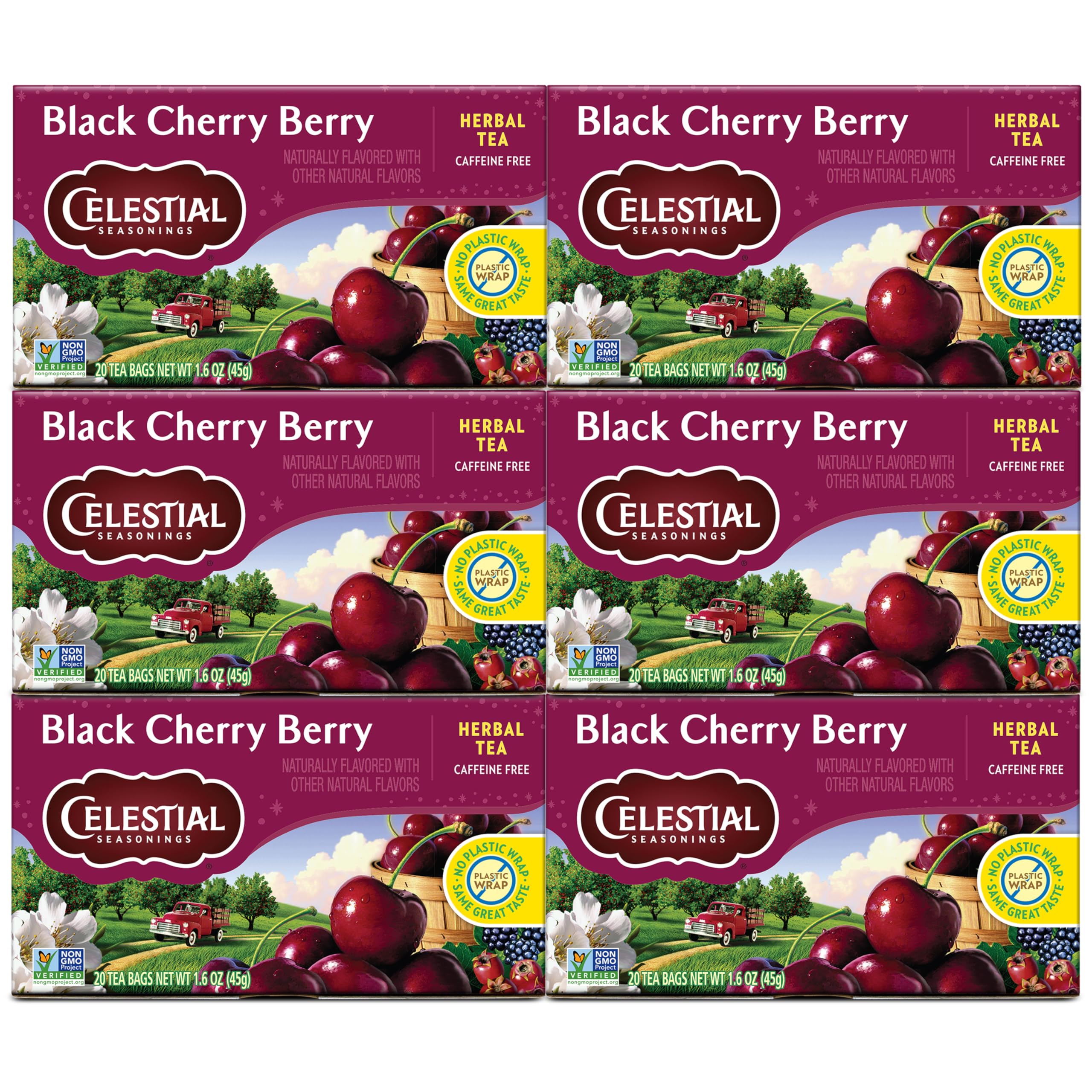 Celestial Seasonings Black Cherry Berry tea bags ready to brew a soothing cup.