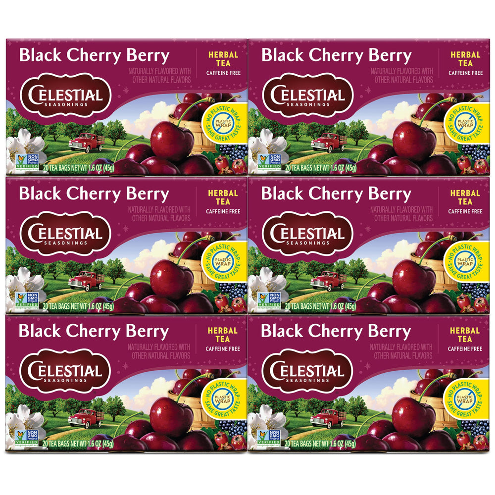 Celestial Seasonings Black Cherry Berry tea bags ready to brew a soothing cup.