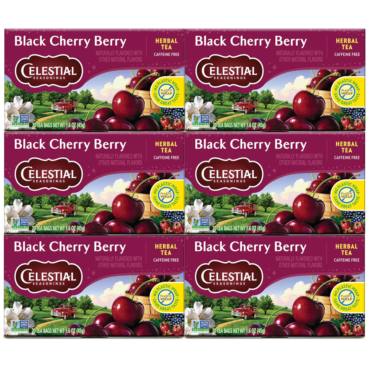 Celestial Seasonings Black Cherry Berry tea bags ready to brew a soothing cup.