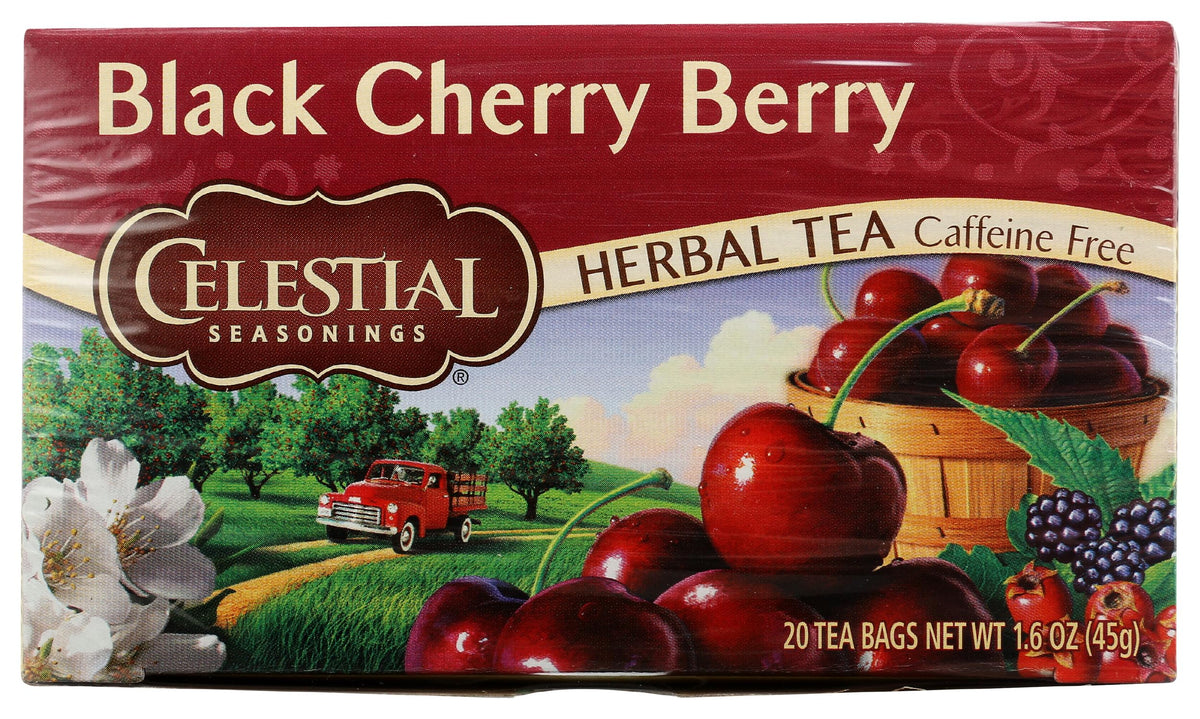 Celestial Seasonings Black Cherry Berry tea box with inviting aroma.