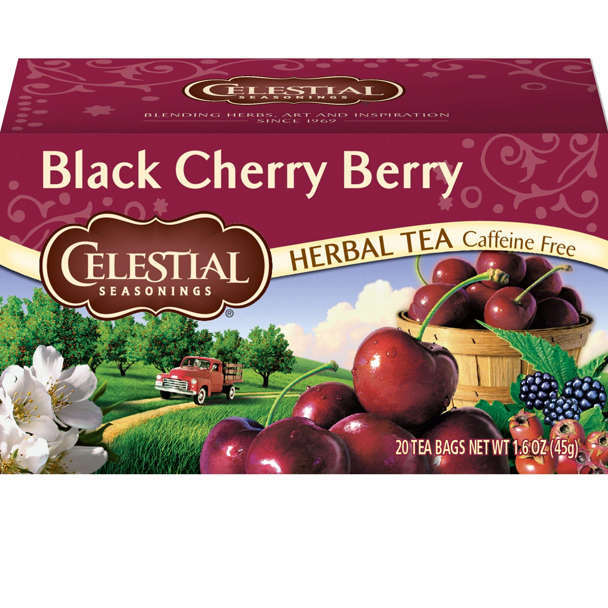 Celestial Seasonings Black Cherry Berry tea box, ideal for relaxing evenings.