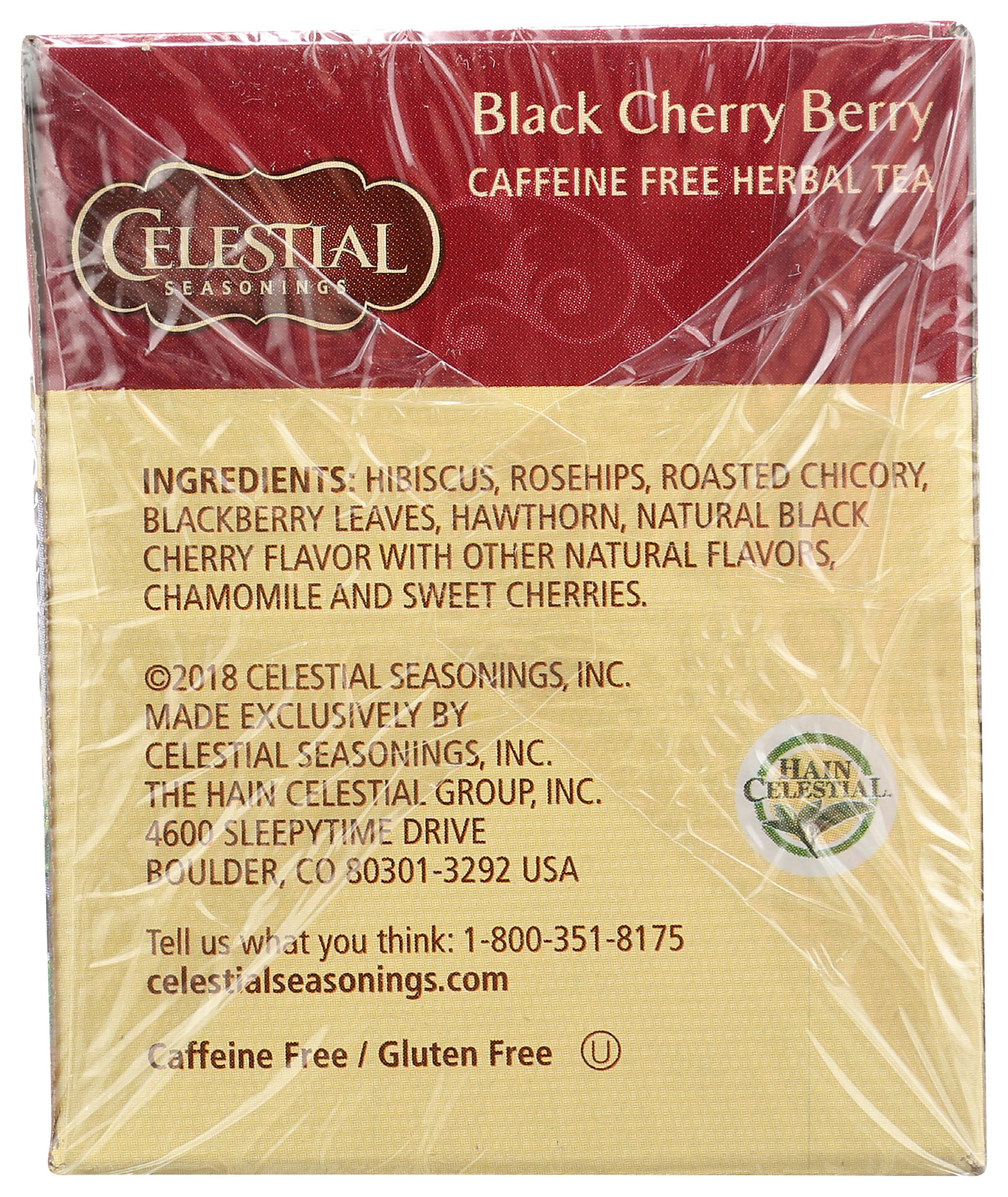 All-natural Celestial Seasonings Black Cherry Berry blend with hibiscus and rosehips.