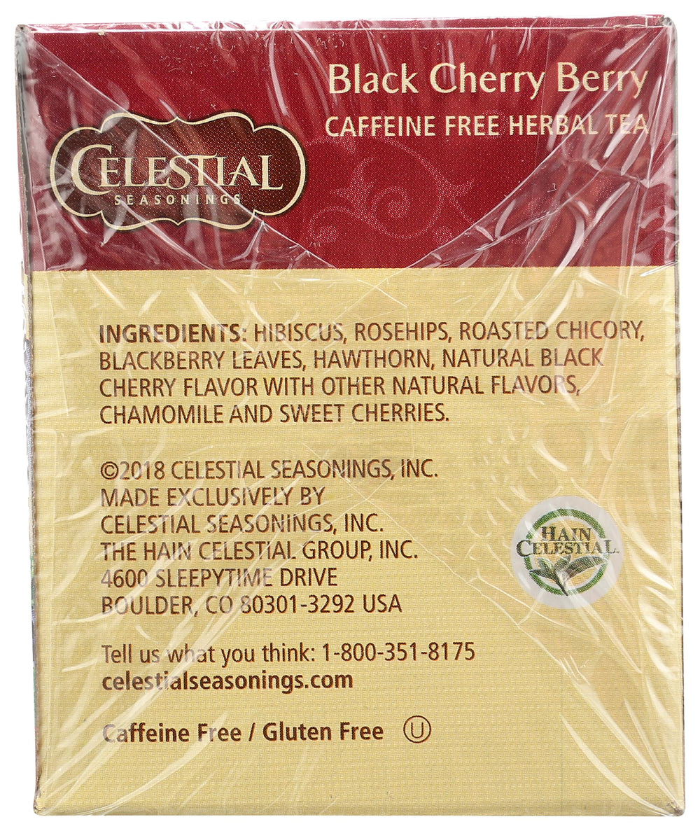 All-natural Celestial Seasonings Black Cherry Berry blend with hibiscus and rosehips.
