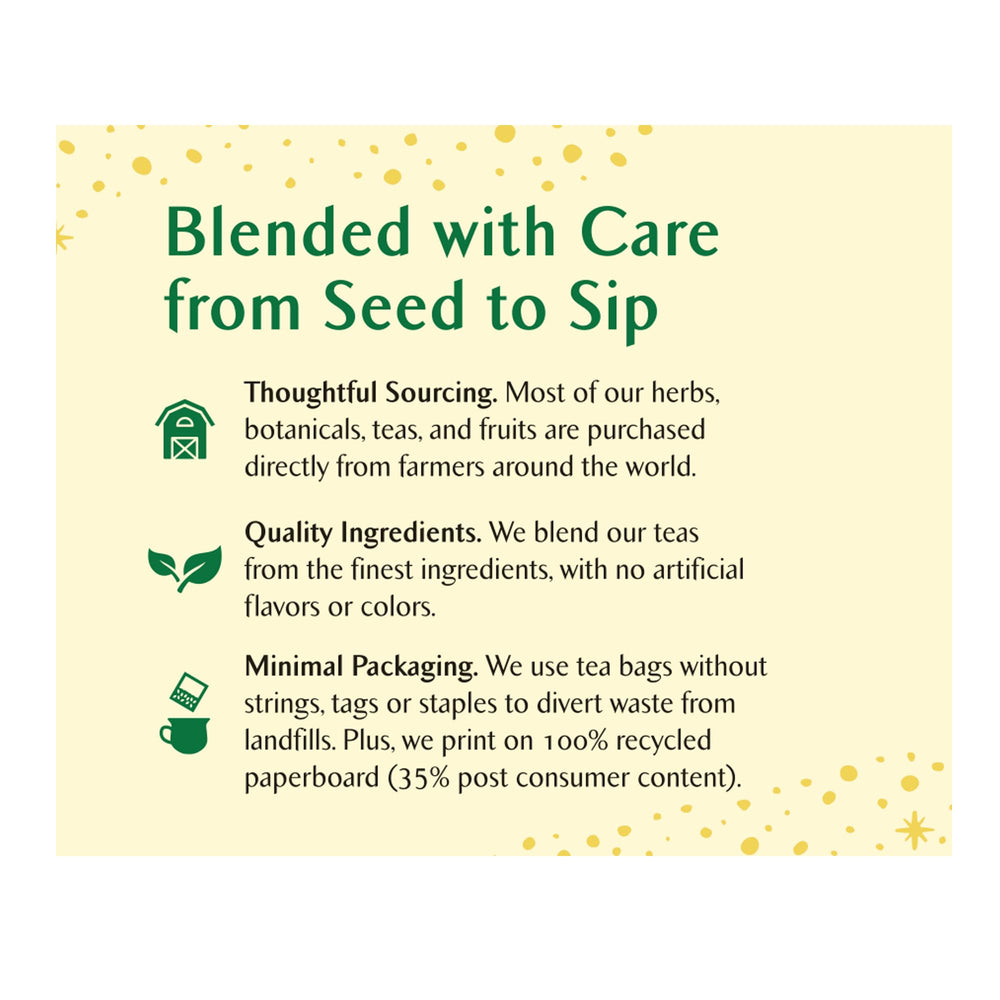 Box showcasing recycled packaging and stringless bags from Celestial Seasonings.