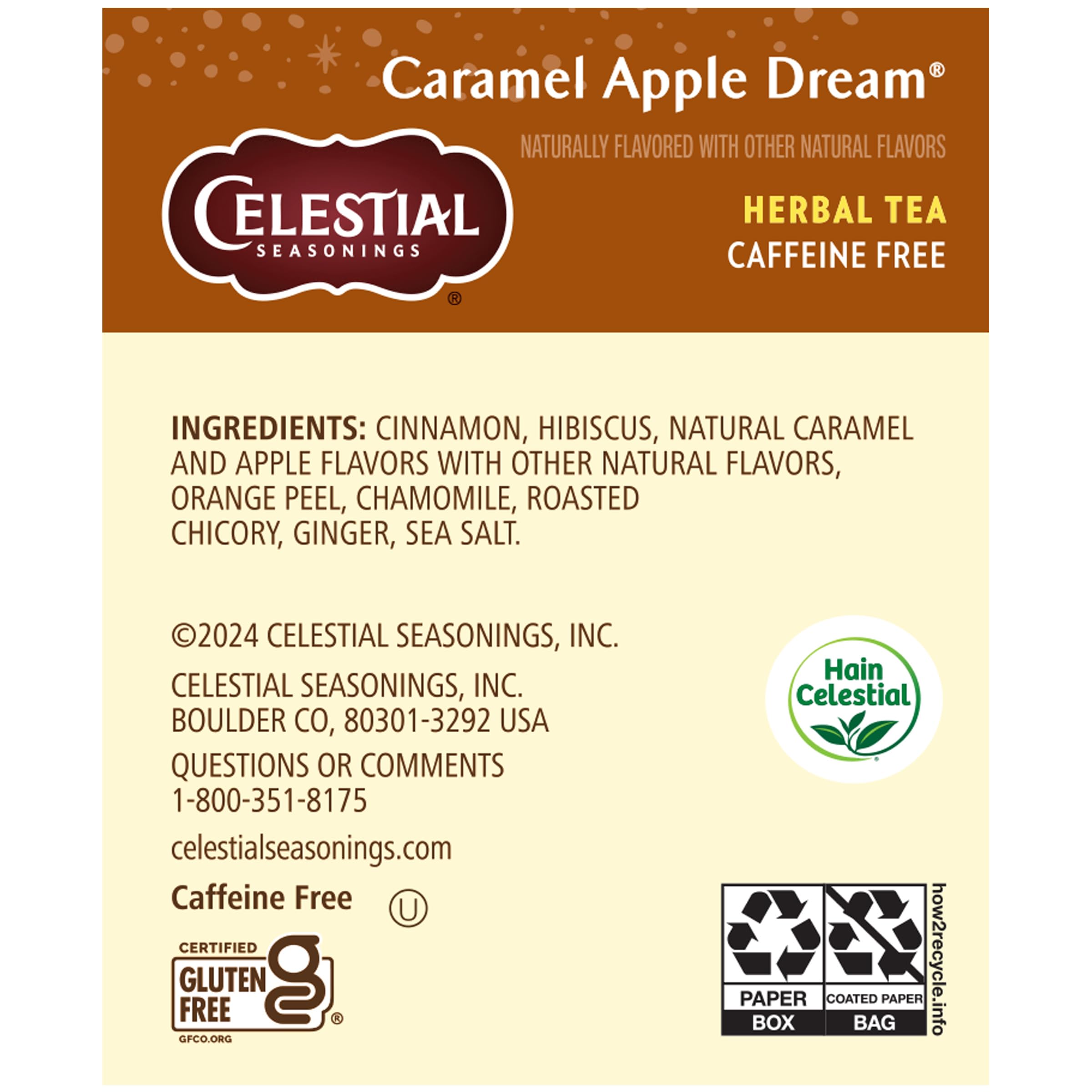 Celestial Seasonings Caramel Apple Dream tea bags closeup, convenient caffeine-free treat anytime