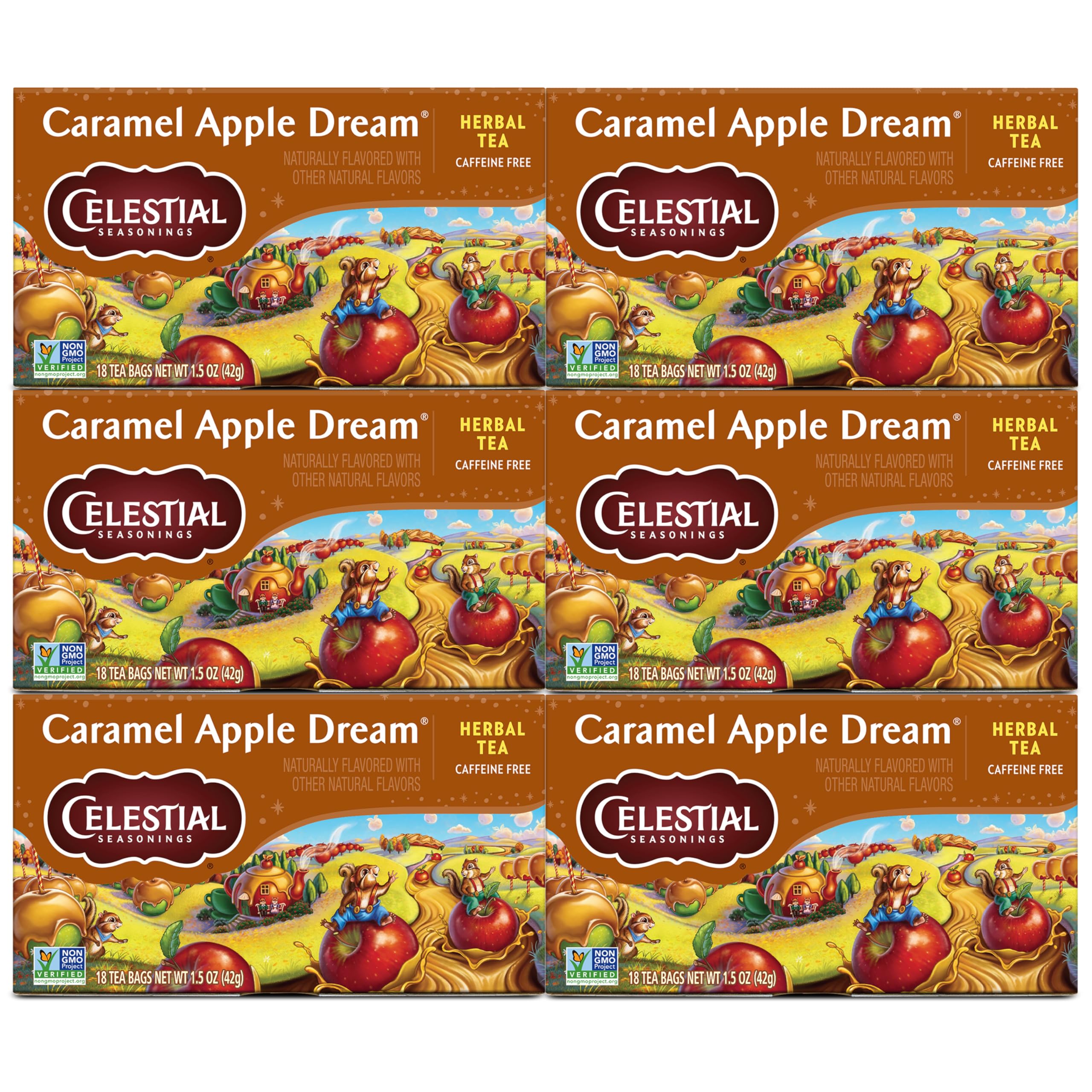 Celestial Seasonings Caramel Apple Dream tea boxes evoke nostalgic warmth for cozy evenings