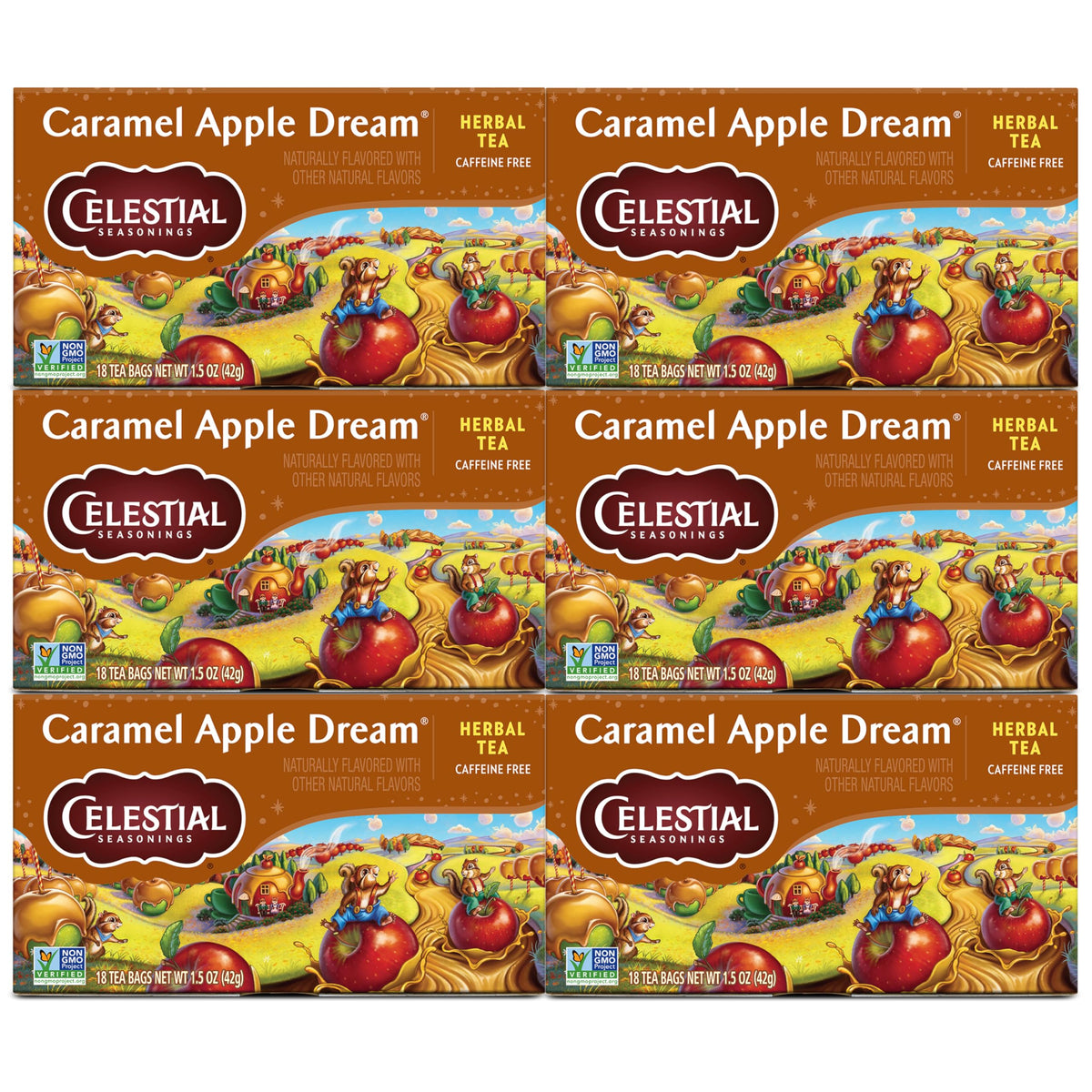 Celestial Seasonings Caramel Apple Dream tea boxes evoke nostalgic warmth for cozy evenings