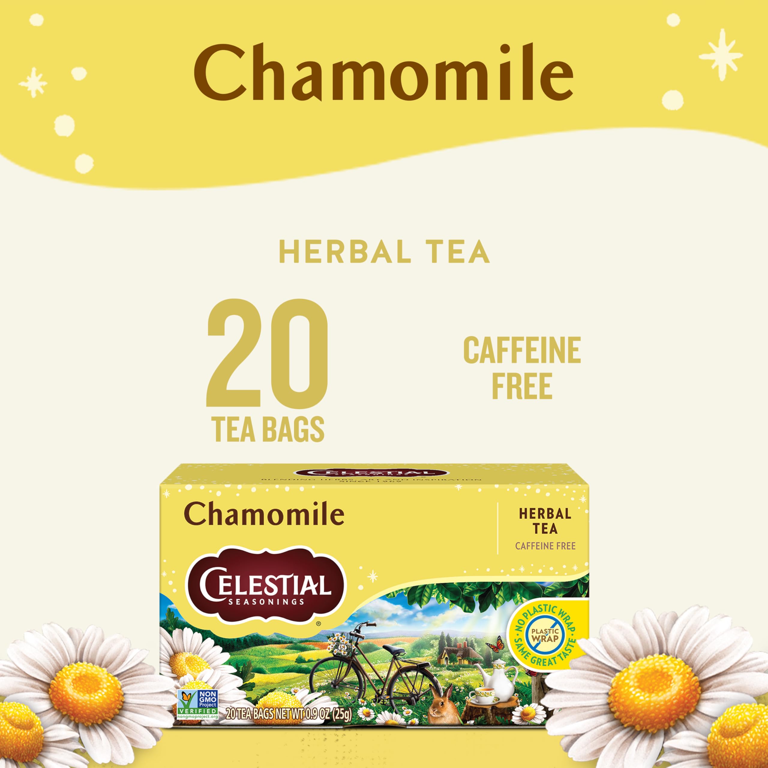 A warm cup steeping with Celestial Seasonings Chamomile for a calming ritual
