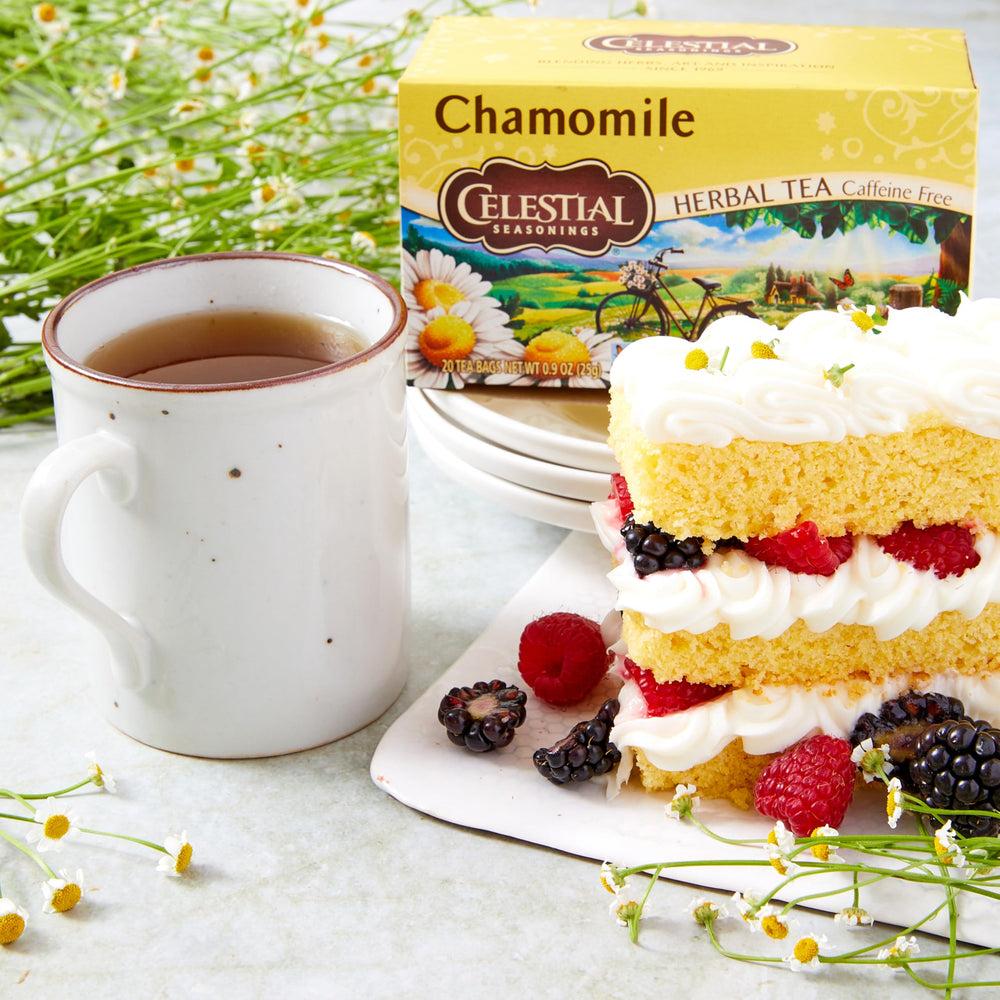 Celestial Seasonings Chamomile flower close-up highlights natural herbal quality.