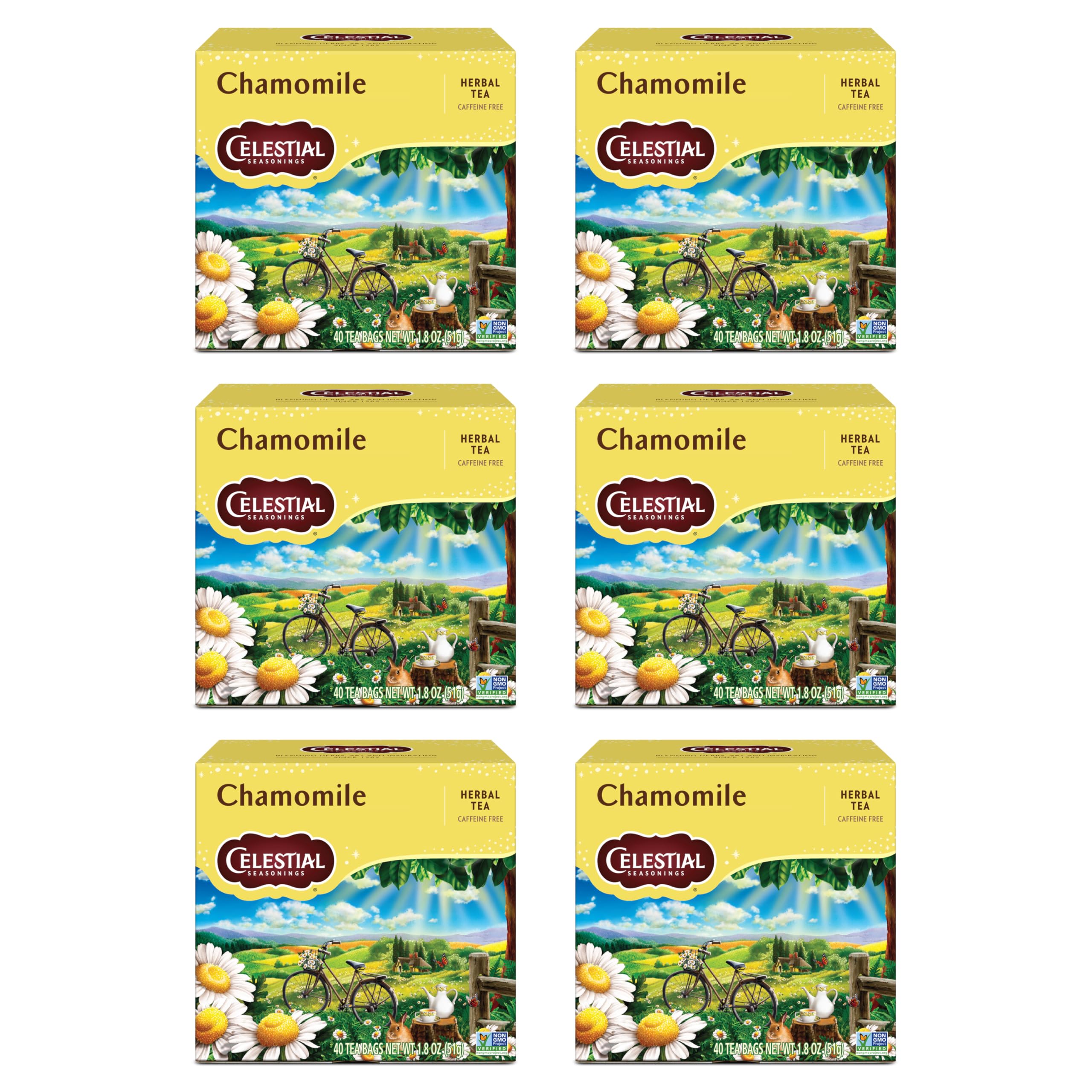 Celestial Seasonings Chamomile tea boxes show six-pack packaging for easy ritual brewing.