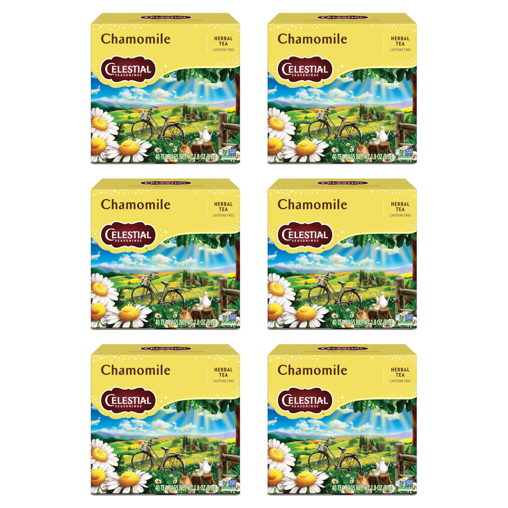 Celestial Seasonings Chamomile tea boxes show six-pack packaging for easy ritual brewing.