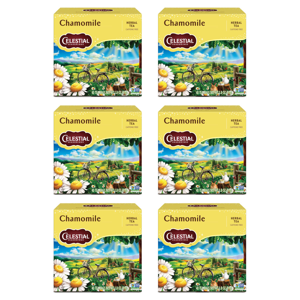 Celestial Seasonings Chamomile tea boxes show six-pack packaging for easy ritual brewing.