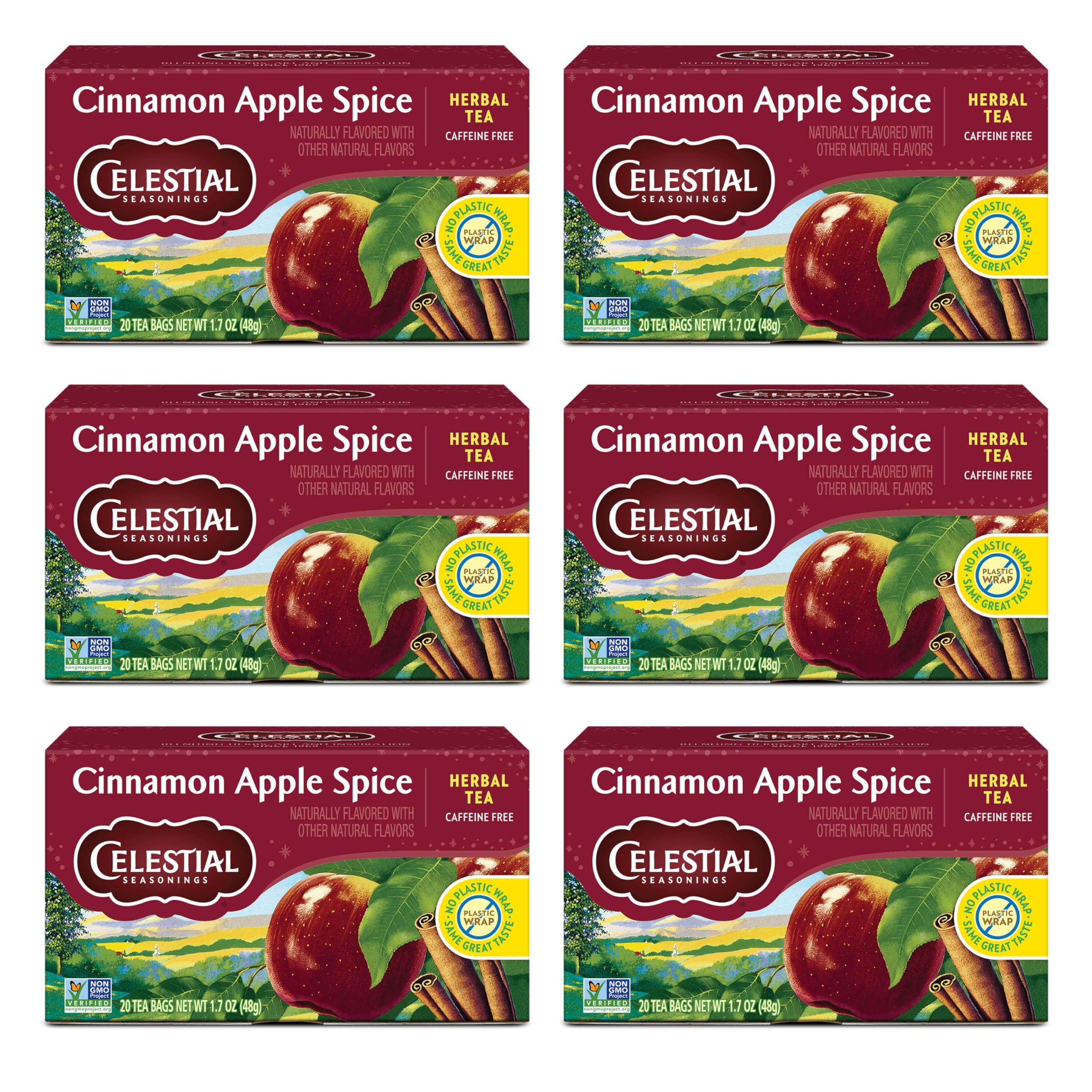 Celestial Seasonings Cinnamon Apple Spice Tea box six-pack for cozy mornings.