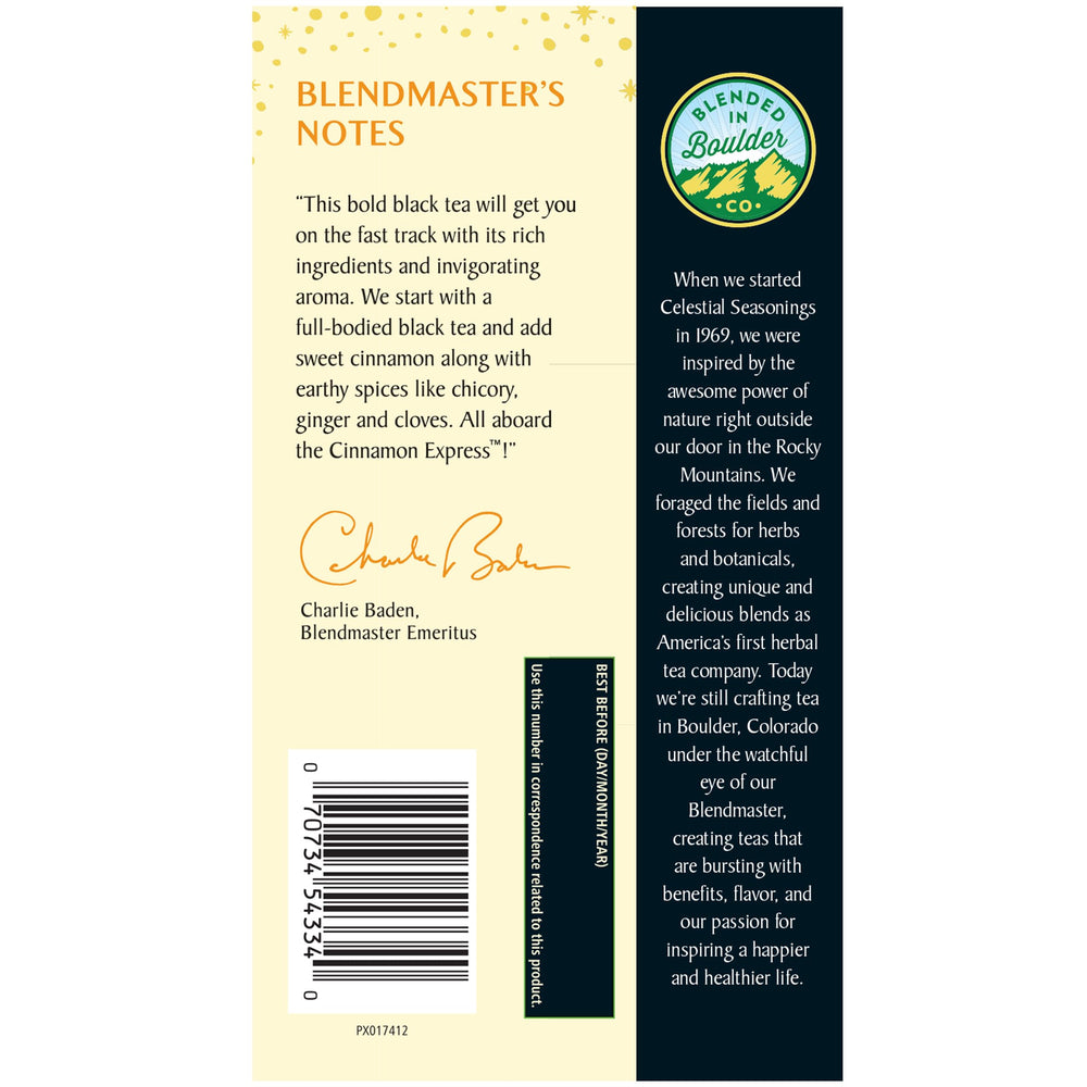 Celestial Seasonings Cinnamon Express packaging box highlights eco-friendly design
