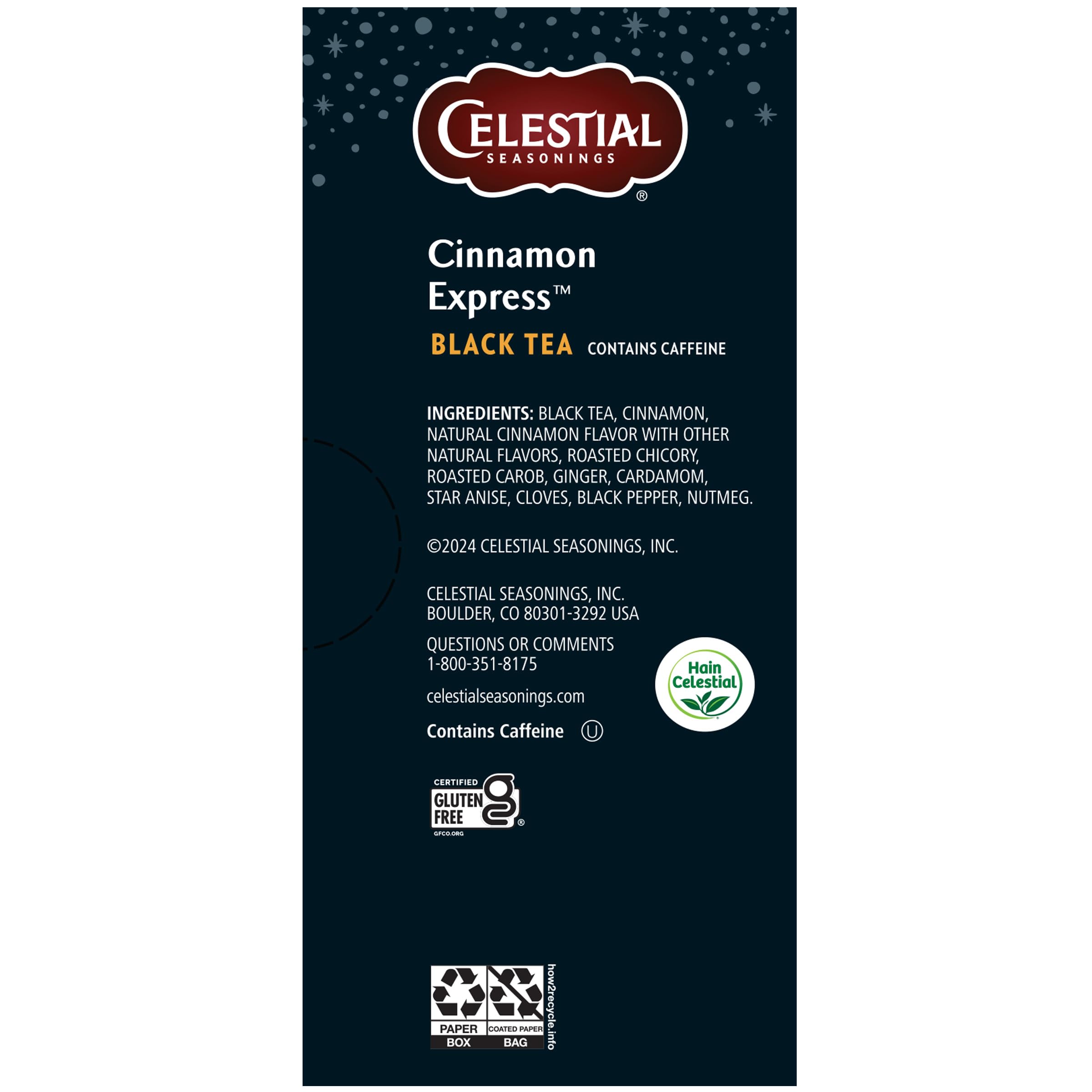 Celestial Seasonings Cinnamon Express tea bag steeping in a mug for a comforting break