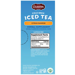 Celestial Seasonings Citrus Sunrise box packaging showing caffeine-free, vitamin C-rich herbal blend.
