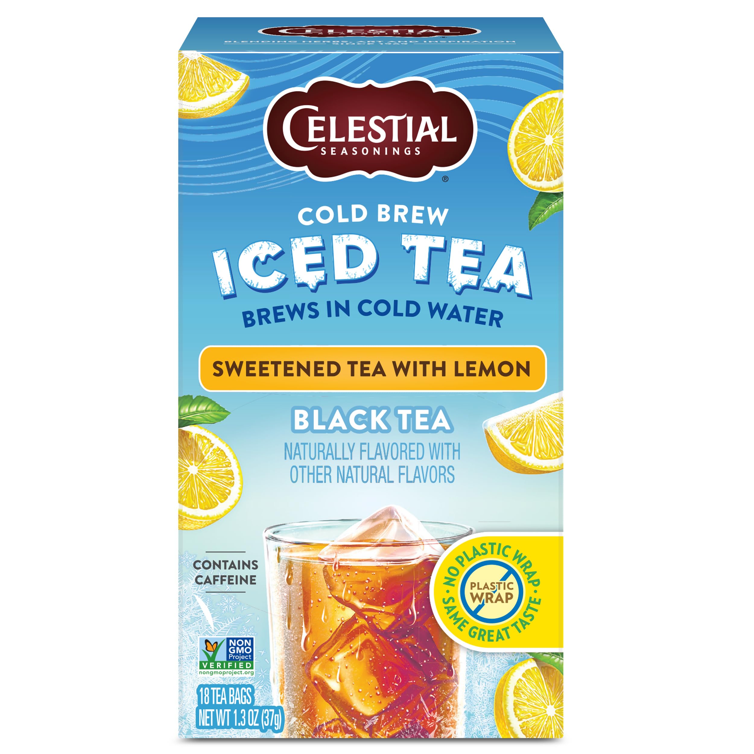 Celestial Seasonings cold brew lemon tea bags ready for quick, refreshing iced tea.
