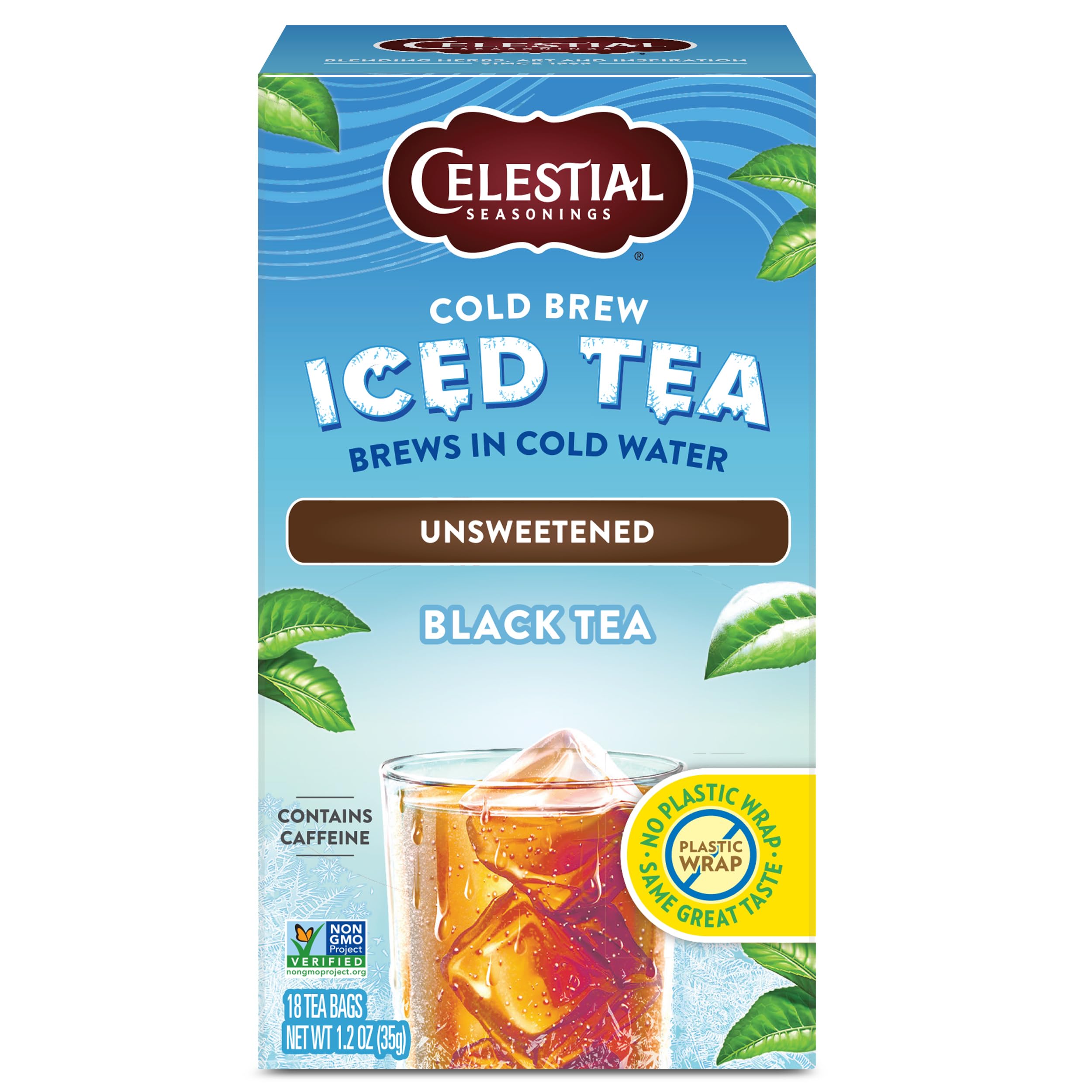 Celestial Seasonings Cold Brew unsweetened black tea bags ready for quick cold brewing.