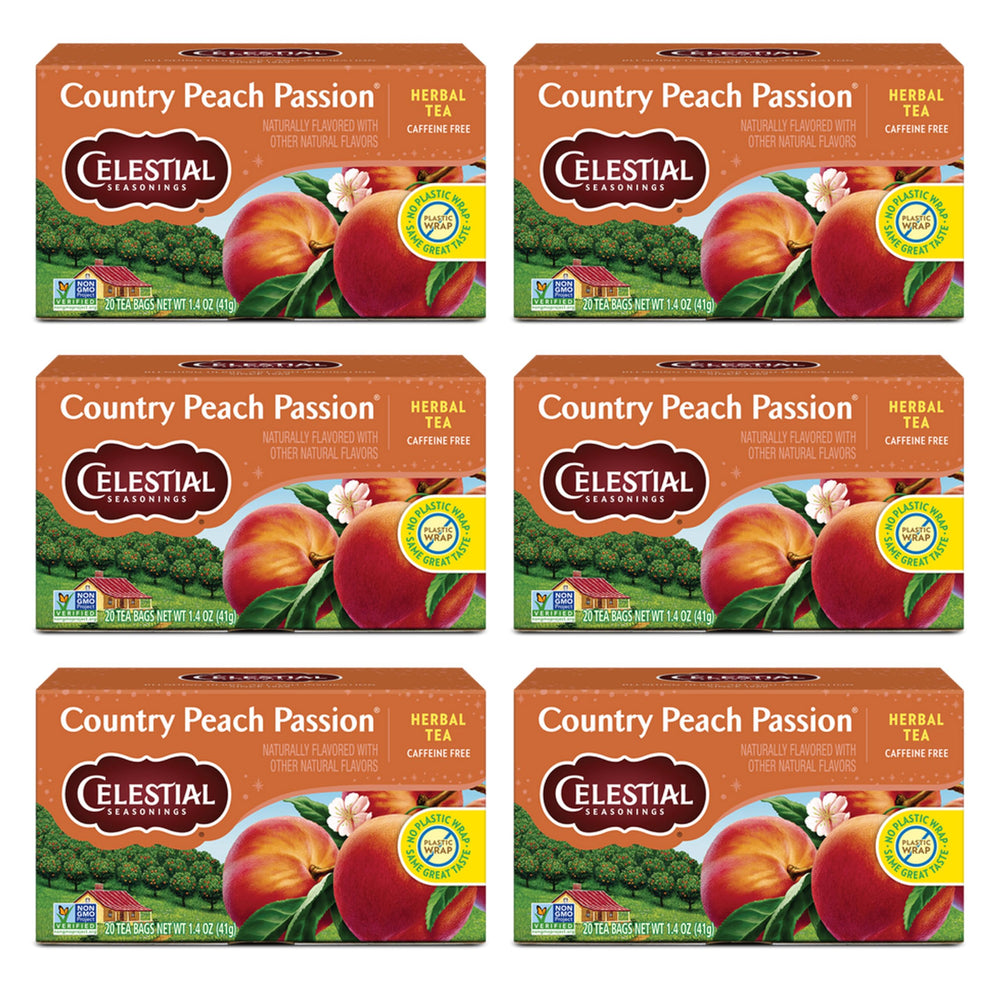 Celestial Seasonings Country Peach Passion tea bags close-up showing herbal blend for brewing