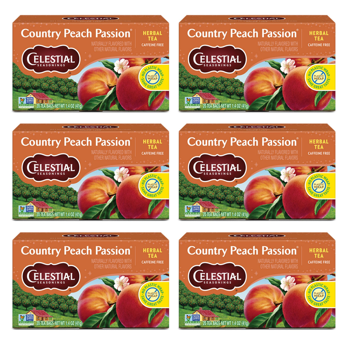 Celestial Seasonings Country Peach Passion tea bags close-up showing herbal blend for brewing