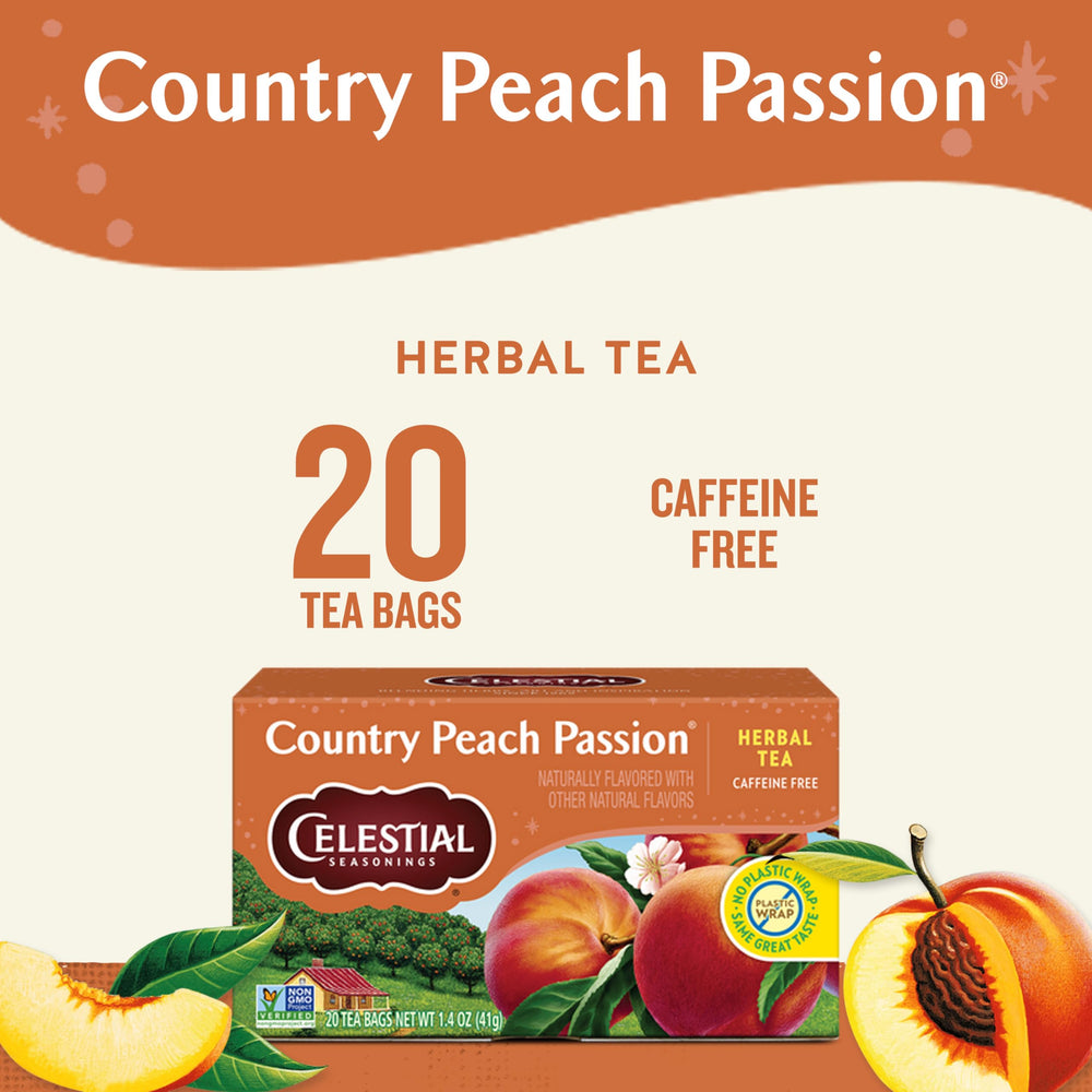 Hot cup brewed from Celestial Seasonings Country Peach Passion steeping to savor peach-chamomile notes