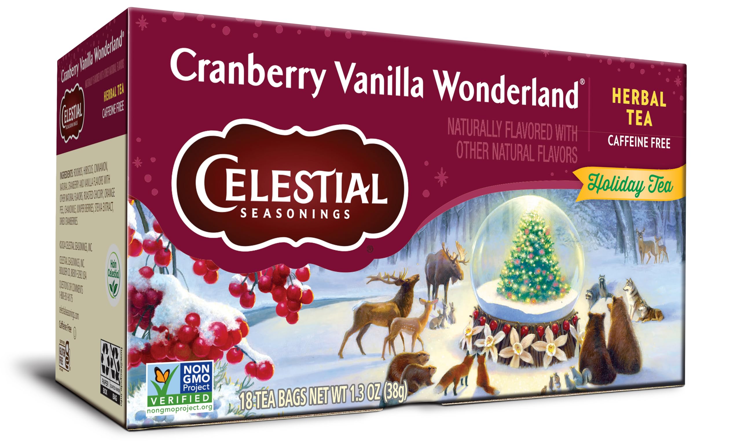 Celestial Seasonings Cranberry Vanilla Wonderland brewed tea, caffeine-free indulgence for family gatherings
