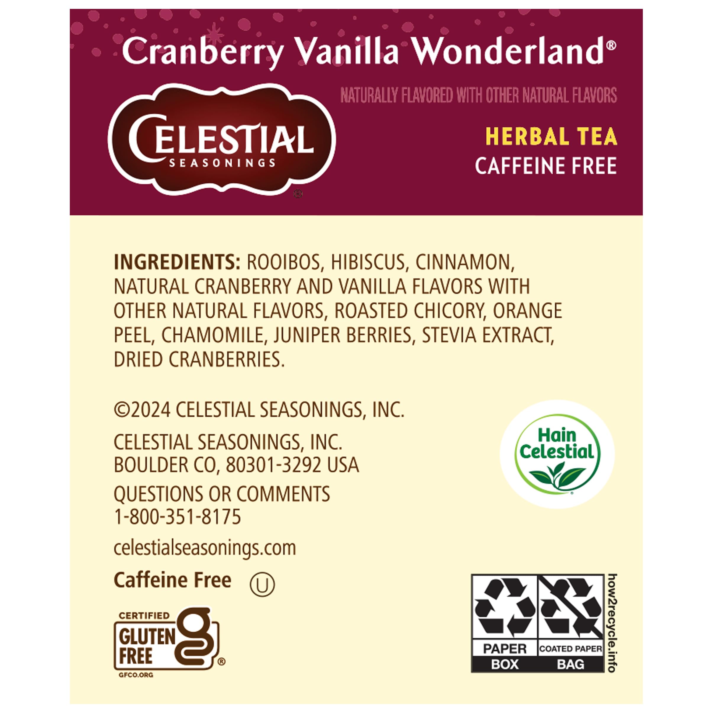Celestial Seasonings Cranberry Vanilla Wonderland cup of herbal tea, perfect for relaxing evenings