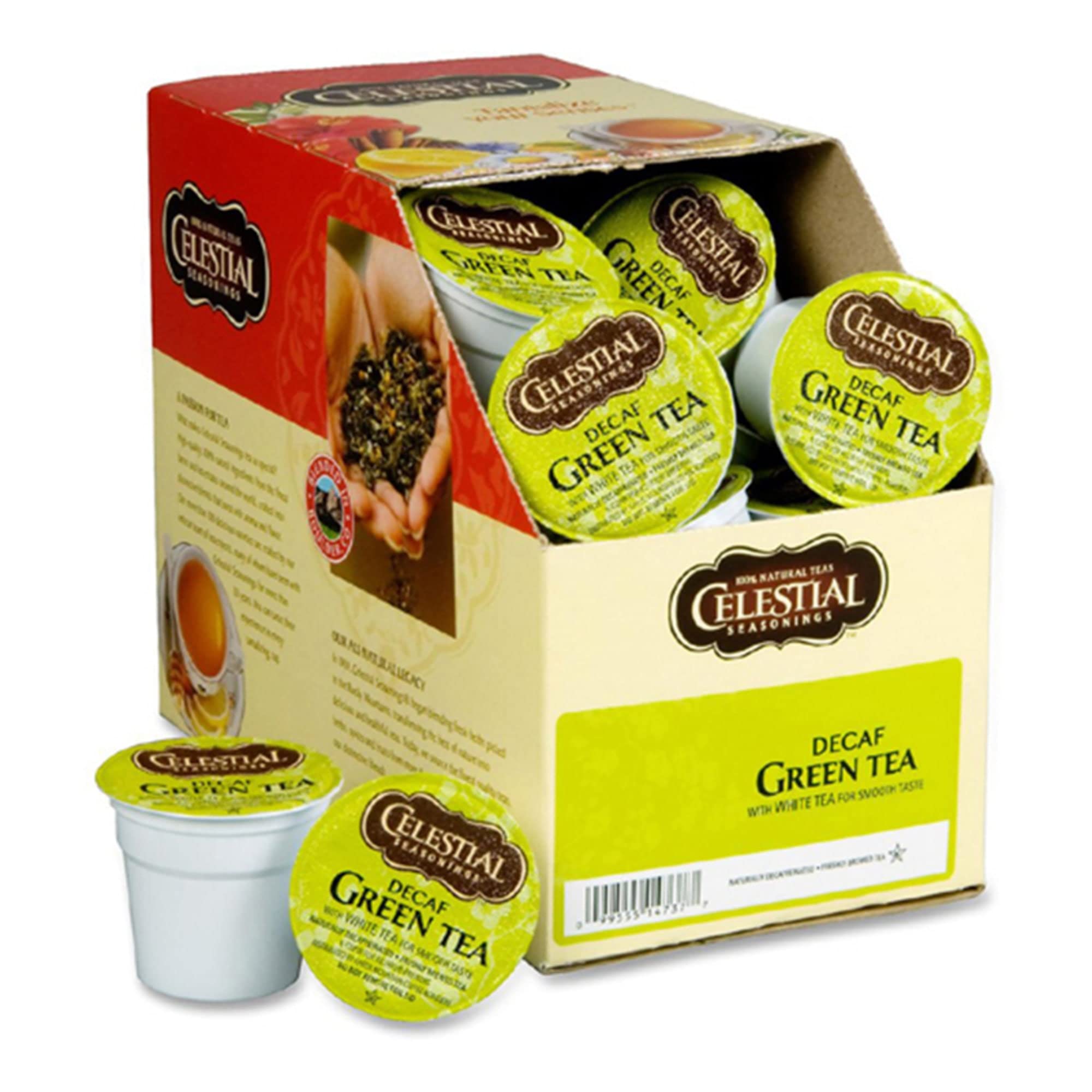 Celestial Seasonings decaf green tea K-Cup pod close-up, convenient evening brew
