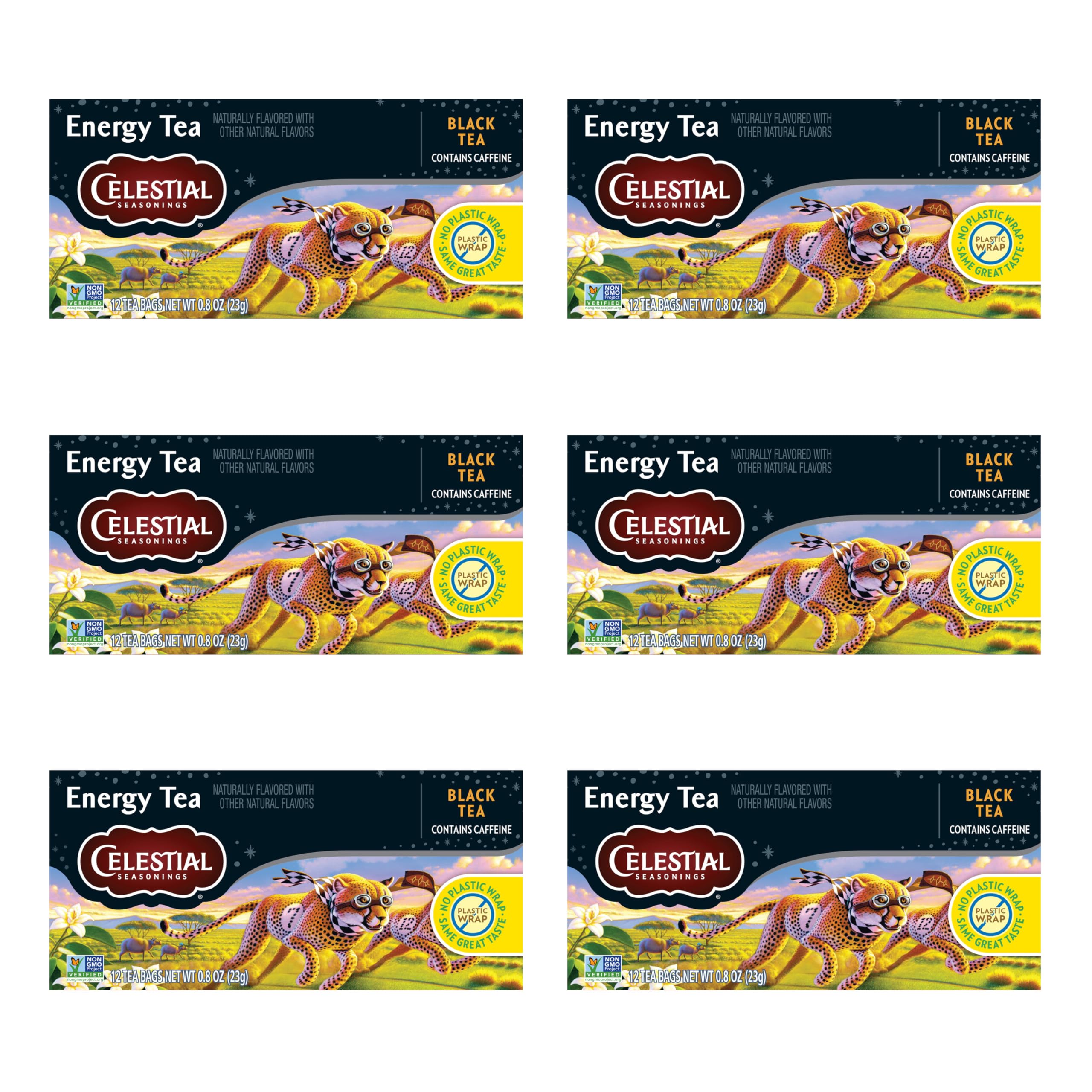 Celestial Seasonings Energy Black Tea bags ready to steep for a quick morning lift.