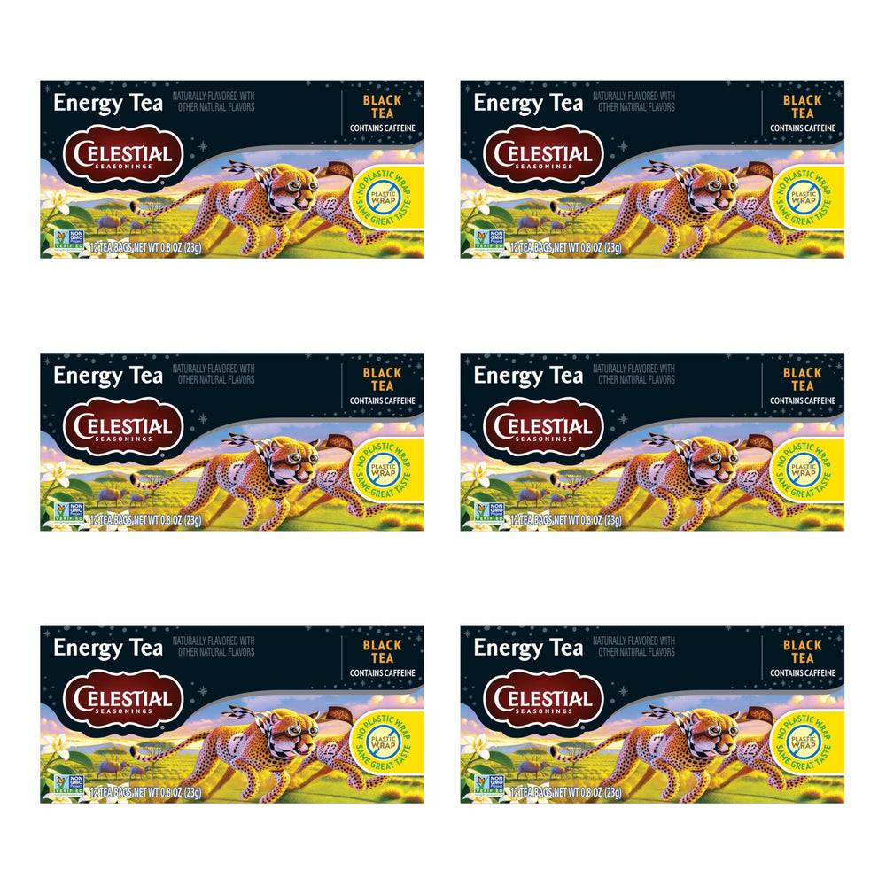 Celestial Seasonings Energy Black Tea bags ready to steep for a quick morning lift.