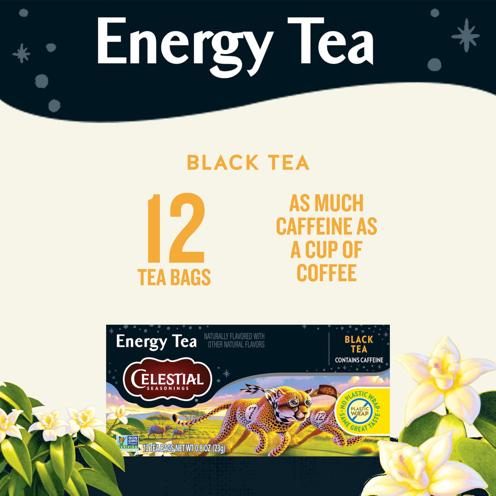 Brewing Celestial Seasonings Energy Black Tea in a mug for a smooth energy boost.
