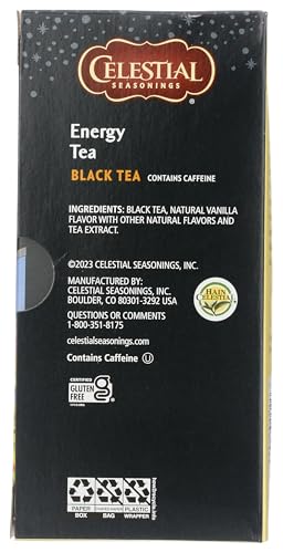Celestial Seasonings Energy Black Tea label signals eco-friendly packaging that reduces waste.