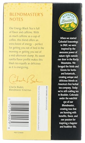 Celestial Seasonings Energy Black Tea steeping captures aroma for a refreshing afternoon break.