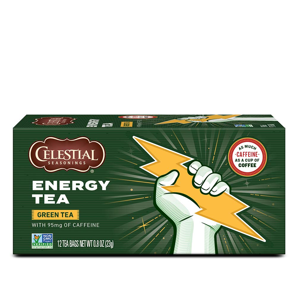 Celestial Seasonings Energy Green Tea box front highlighting caffeinated boost for mornings.