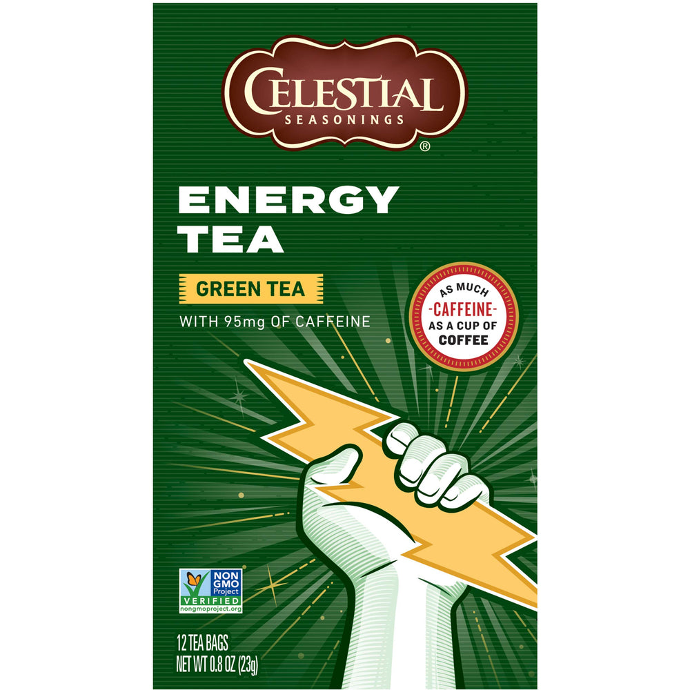 Celestial Seasonings Energy Green Tea ingredients panel notes gluten-free and Non-GMO features.