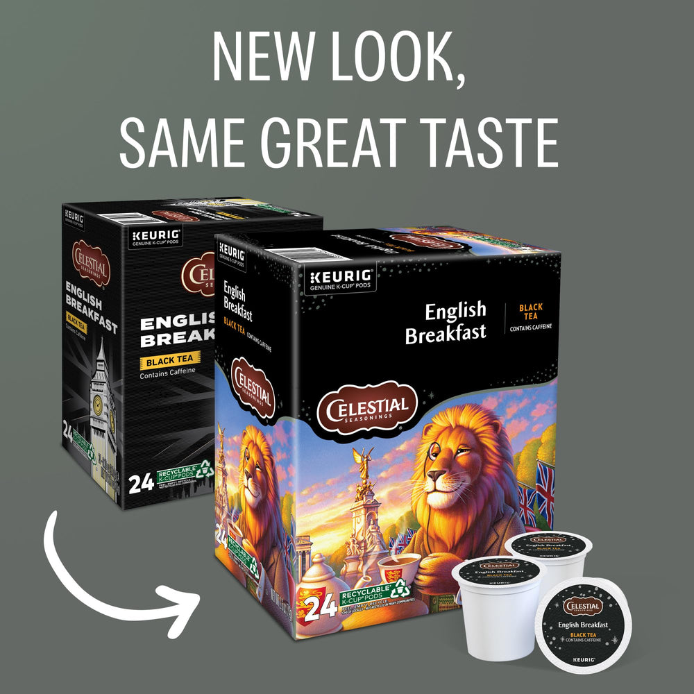 Celestial Seasonings English Breakfast tea box packaging on kitchen counter
