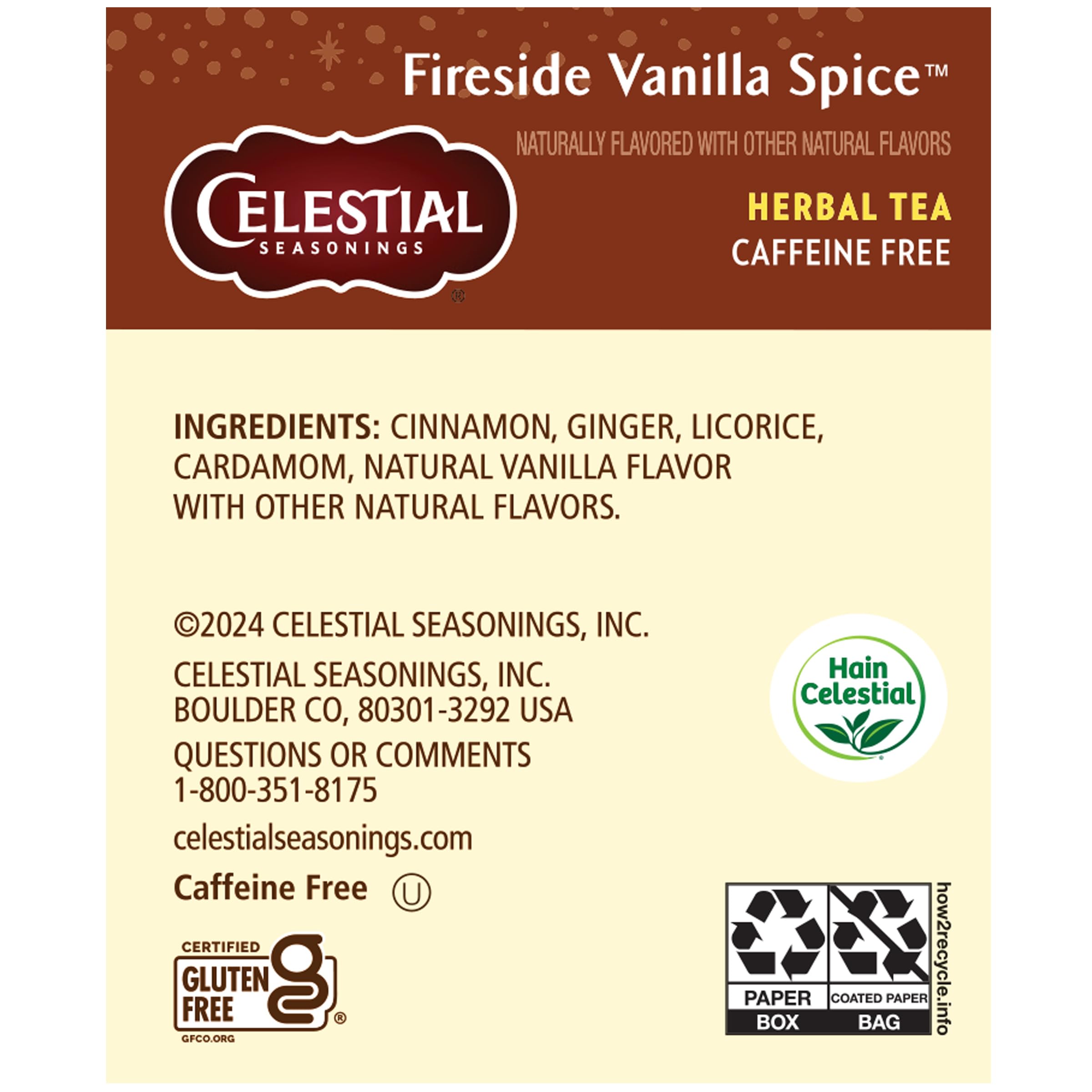 Celestial Seasonings Fireside Vanilla Spice tea bags ready for caffeine-free relaxation.
