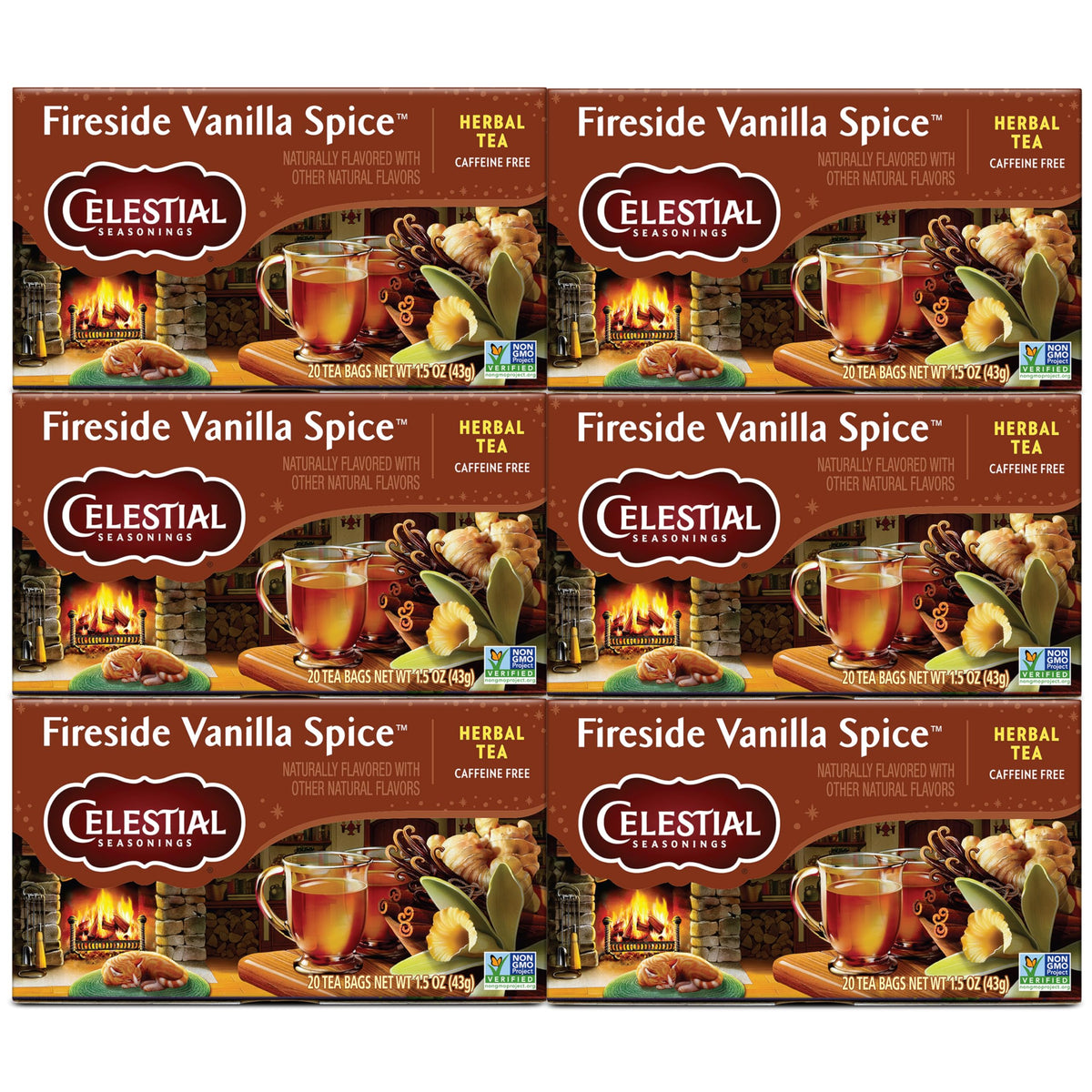 Celestial Seasonings Fireside Vanilla Spice tea boxes create a cozy evening ritual.