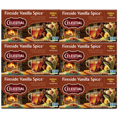 Celestial Seasonings Fireside Vanilla Spice tea boxes create a cozy evening ritual.