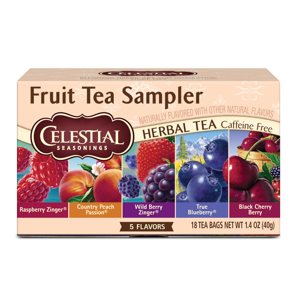 Celestial Seasonings fruit tea sampler box front, caffeine-free variety for relaxing moments.