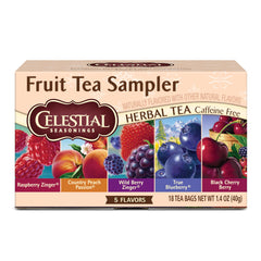 Celestial Seasonings fruit tea sampler box front, caffeine-free variety for relaxing moments.