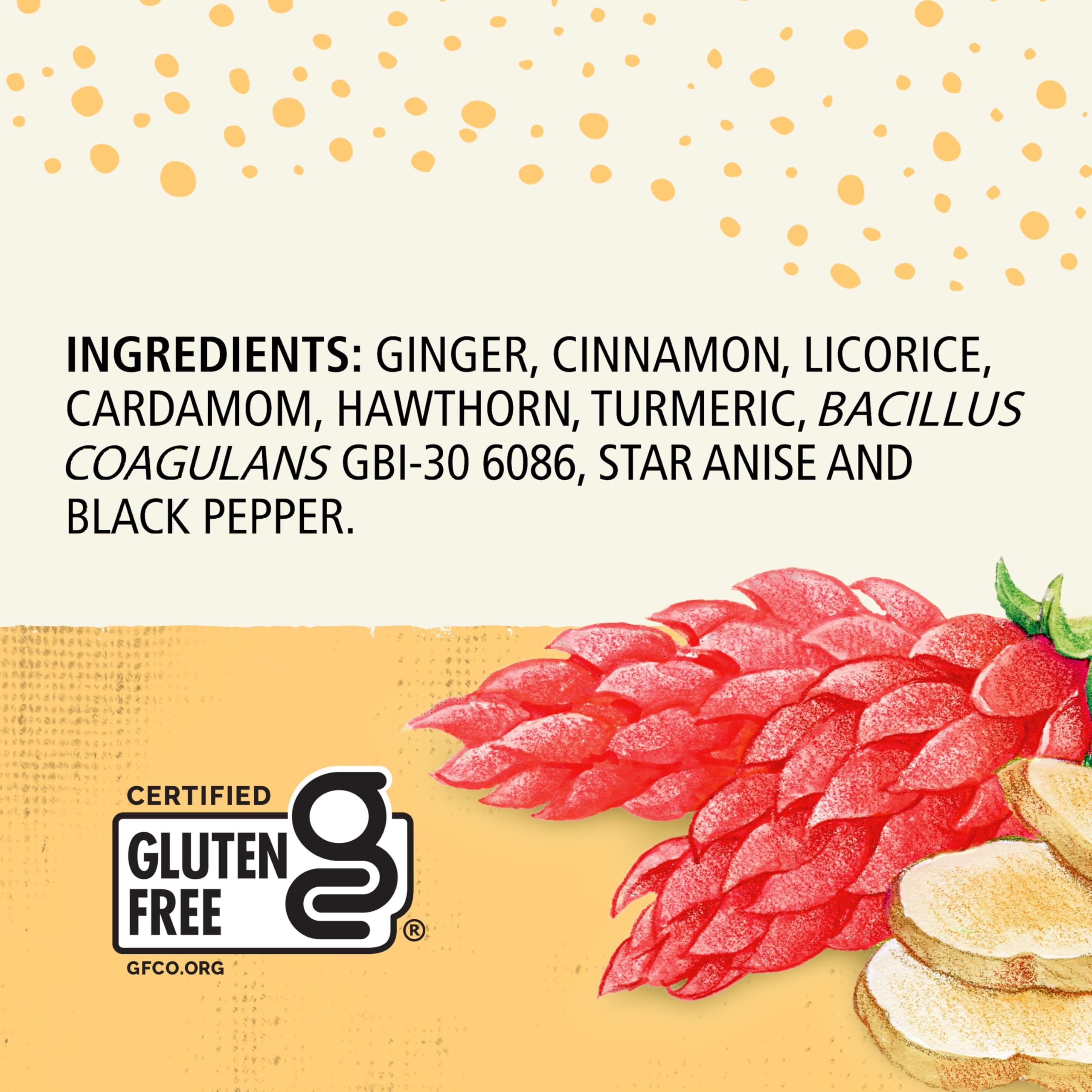 Celestial Seasonings Ginger + Probiotics tea box front showing packaging.