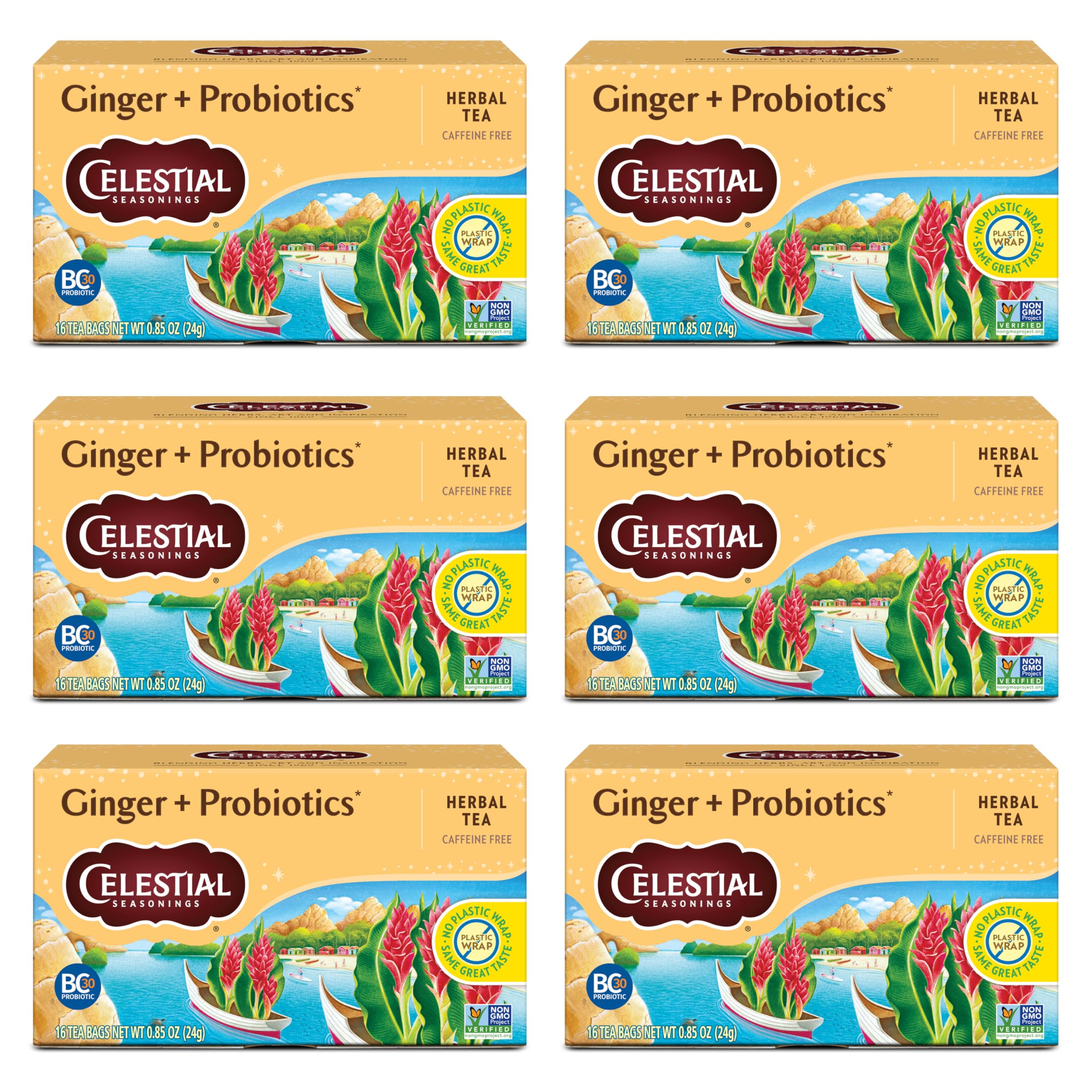 Celestial Seasonings Ginger + Probiotics tea cup with steam, ideal for digestion-friendly moments.