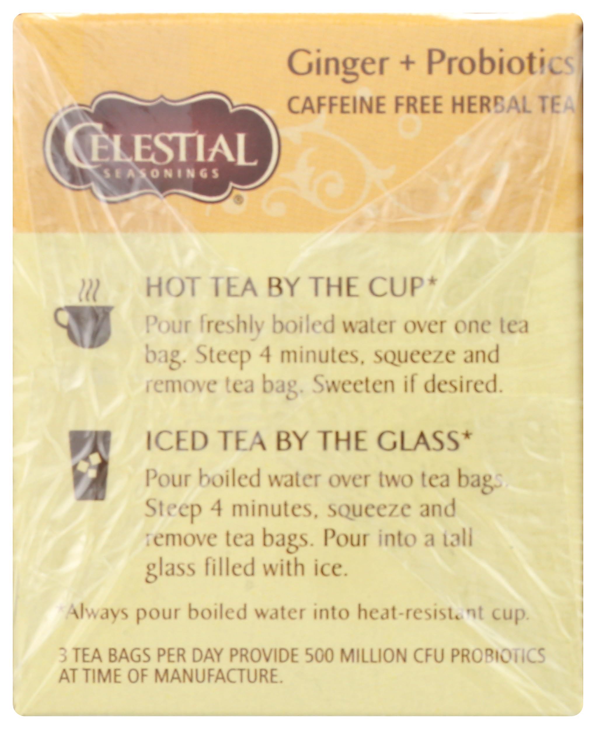 Celestial Seasonings Ginger & Probiotics Tea label highlights ingredients and aroma