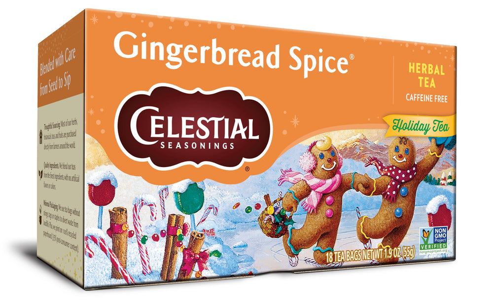Steam rises from Celestial Seasonings Gingerbread Spice tea with spice notes.