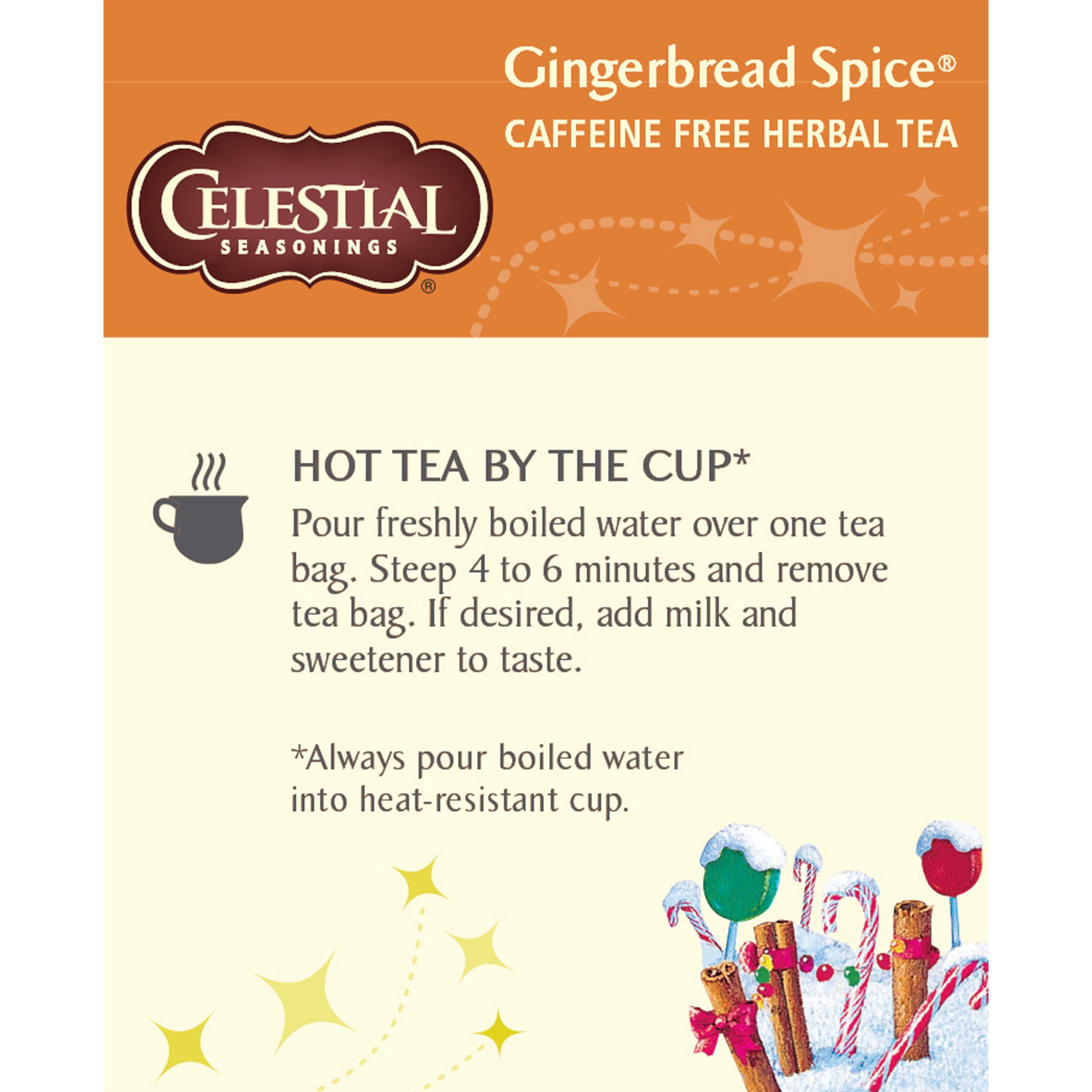 Recycled packaging highlights Celestial Seasonings Gingerbread Spice tea boxes.